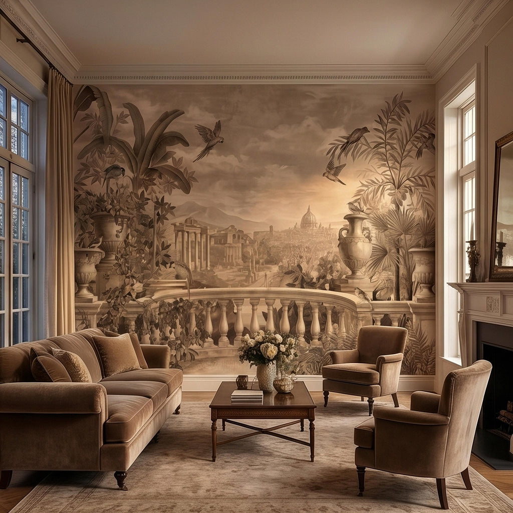 Vintage Rome Balcony Panoramic Landscape Peel and Stick Wall Mural, Sepia Tropical Garden Birds Classical Cityscape, Neutral Toile Wallpaper