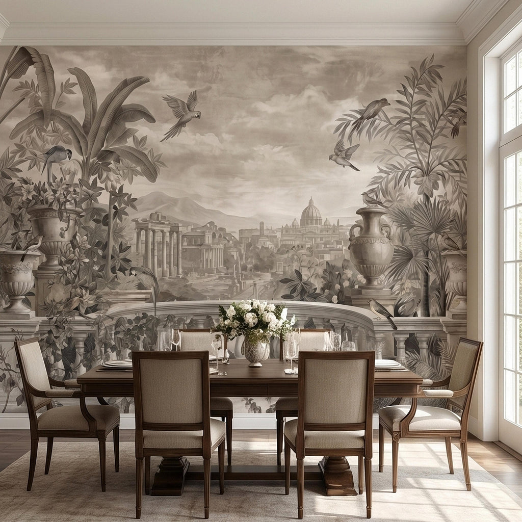 Vintage Rome Balcony Panoramic Landscape Peel and Stick Wall Mural, Sepia Tropical Garden Birds Classical Cityscape, Neutral Toile Wallpaper