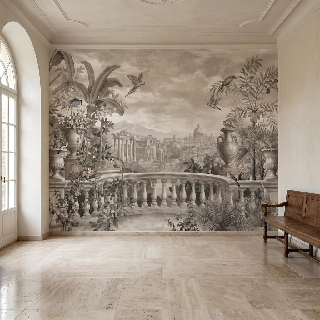 Vintage Rome Balcony Panoramic Landscape Peel and Stick Wall Mural, Sepia Tropical Garden Birds Classical Cityscape, Neutral Toile Wallpaper
