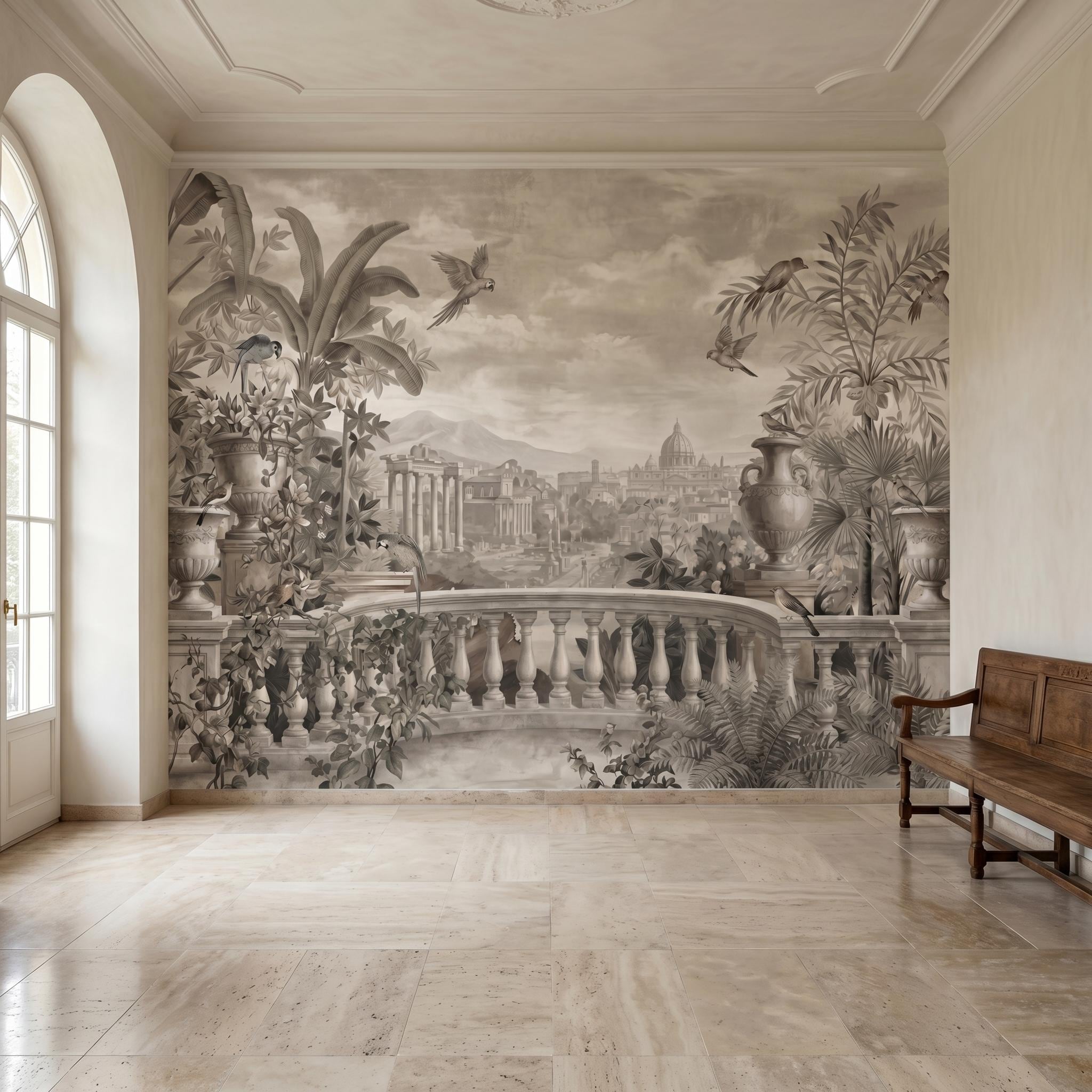 Vintage Rome Balcony Panoramic Landscape Peel and Stick Wall Mural, Sepia Tropical Garden Birds Classical Cityscape, Neutral Toile Wallpaper
