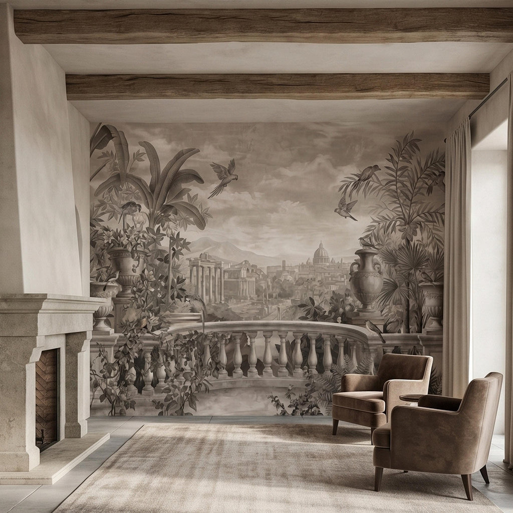 Vintage Rome Balcony Panoramic Landscape Peel and Stick Wall Mural, Sepia Tropical Garden Birds Classical Cityscape, Neutral Toile Wallpaper
