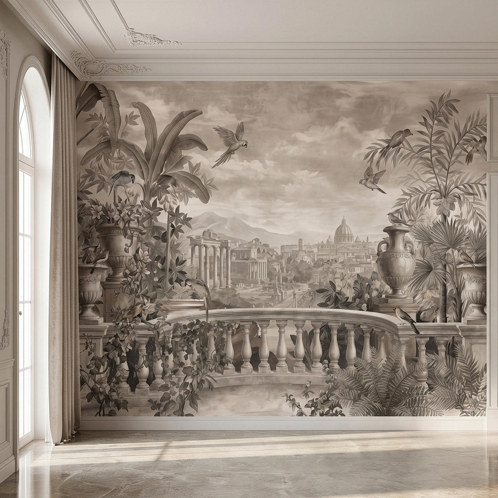 Vintage Rome Balcony Panoramic Landscape Peel and Stick Wall Mural, Sepia Tropical Garden Birds Classical Cityscape, Neutral Toile Wallpaper