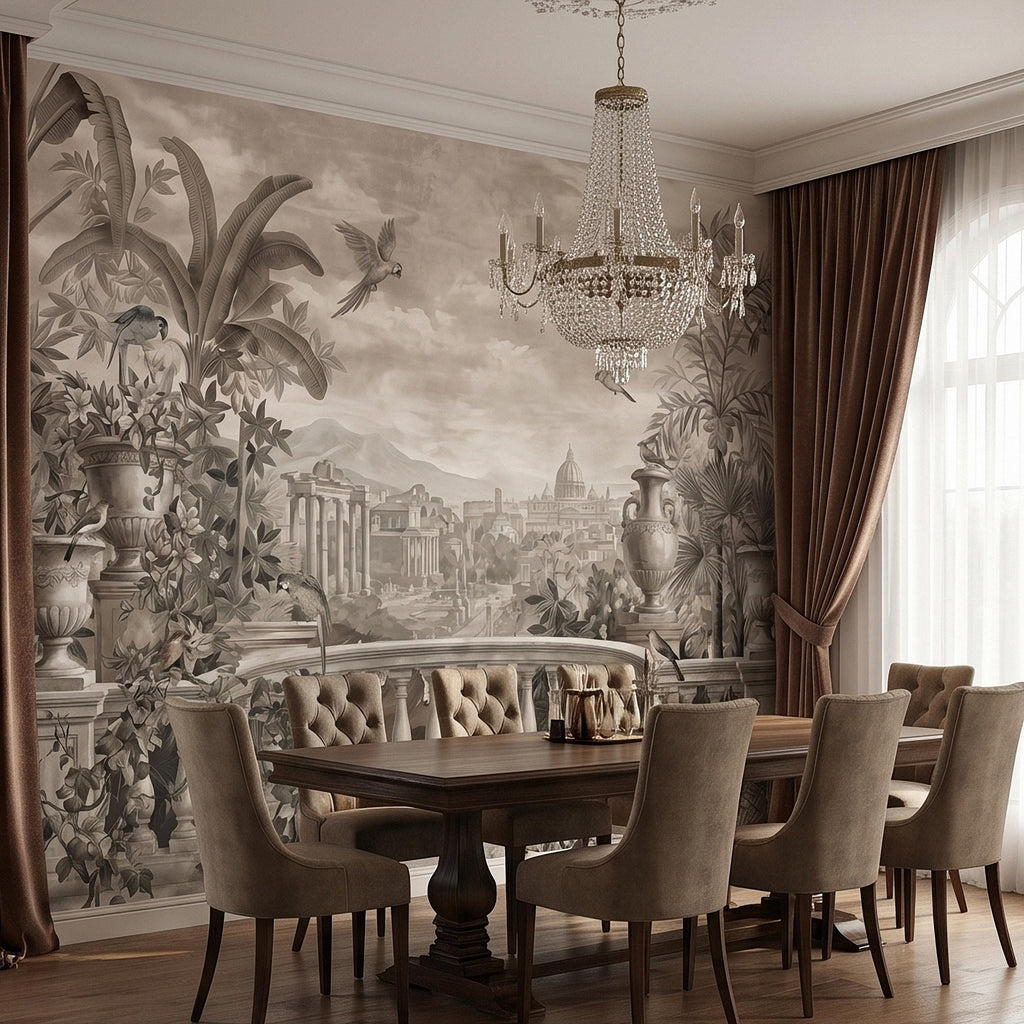 Vintage Rome Balcony Panoramic Landscape Peel and Stick Wall Mural, Sepia Tropical Garden Birds Classical Cityscape, Neutral Toile Wallpaper