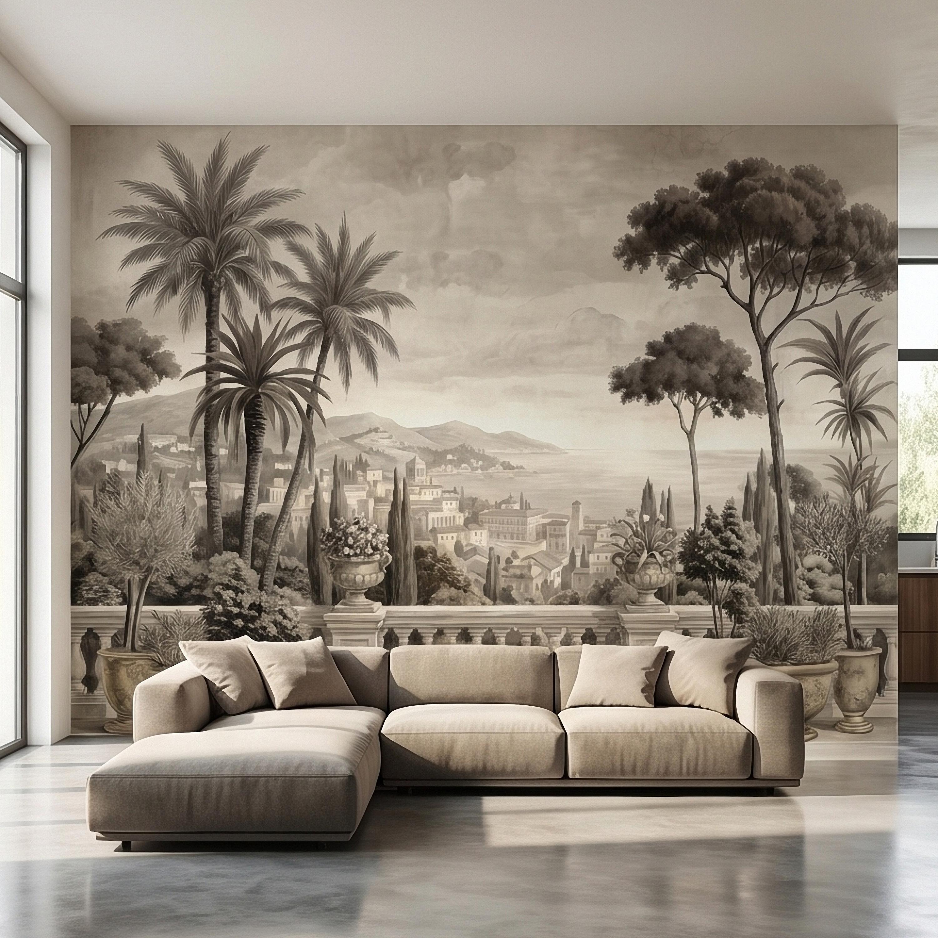 Vintage Mediterranean Coastal Villa View Peel and Stick Wall Mural, Sepia Palm Trees Terrace Balcony Italian Riviera Landscape Wallpaper