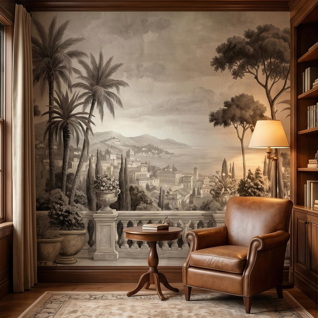 Vintage Mediterranean Coastal Villa View Peel and Stick Wall Mural, Sepia Palm Trees Terrace Balcony Italian Riviera Landscape Wallpaper
