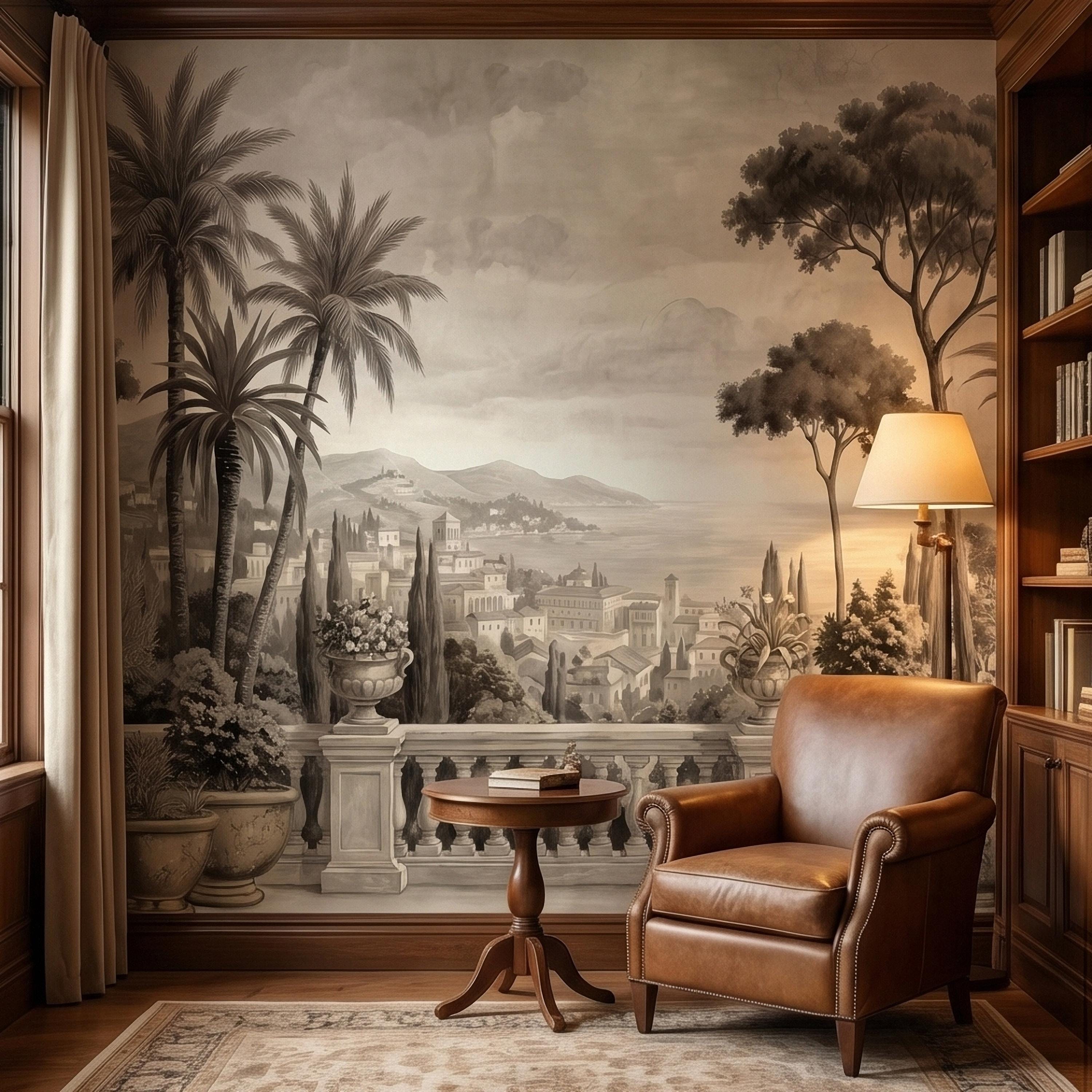 Vintage Mediterranean Coastal Villa View Peel and Stick Wall Mural, Sepia Palm Trees Terrace Balcony Italian Riviera Landscape Wallpaper