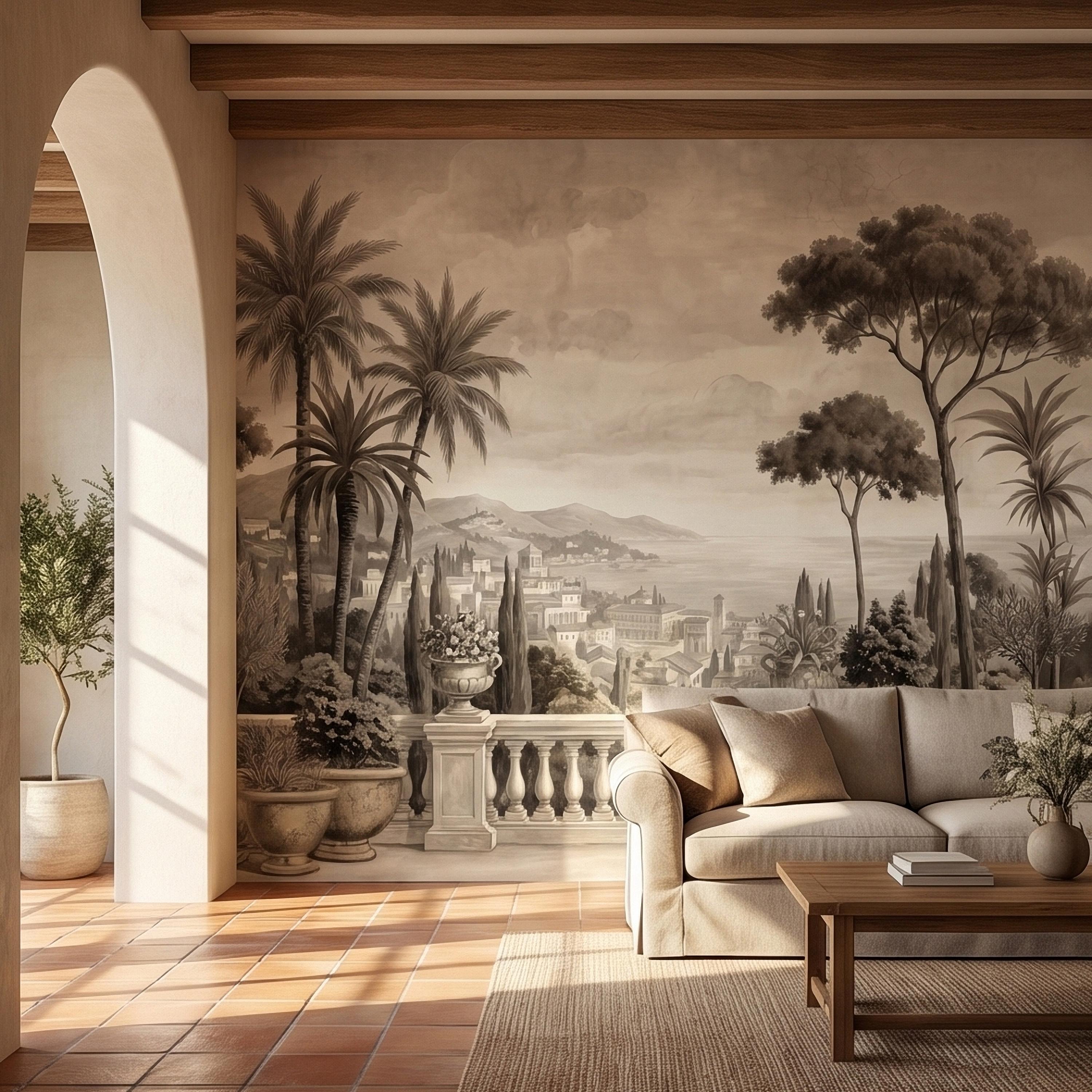 Vintage Mediterranean Coastal Villa View Peel and Stick Wall Mural, Sepia Palm Trees Terrace Balcony Italian Riviera Landscape Wallpaper