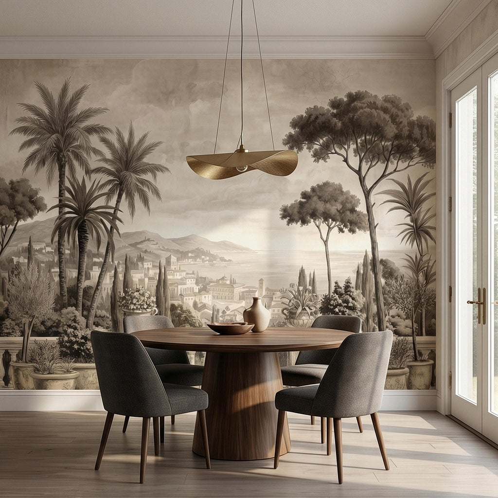 Vintage Mediterranean Coastal Villa View Peel and Stick Wall Mural, Sepia Palm Trees Terrace Balcony Italian Riviera Landscape Wallpaper