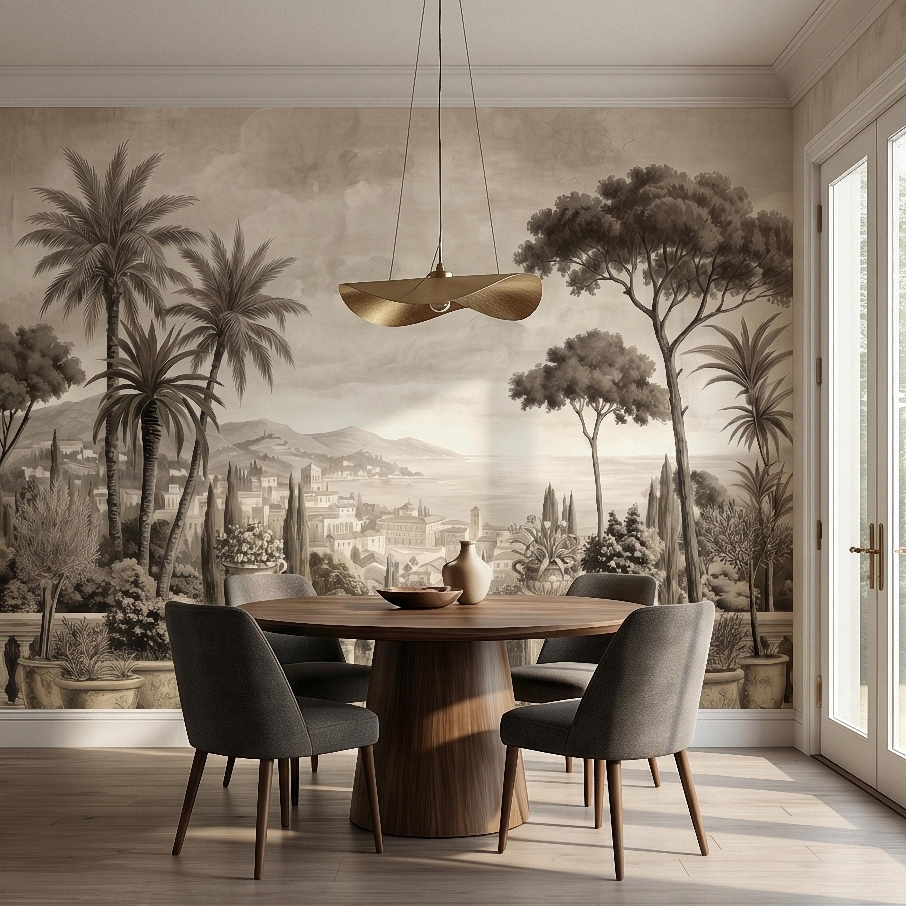 Vintage Mediterranean Coastal Villa View Peel and Stick Wall Mural, Sepia Palm Trees Terrace Balcony Italian Riviera Landscape Wallpaper
