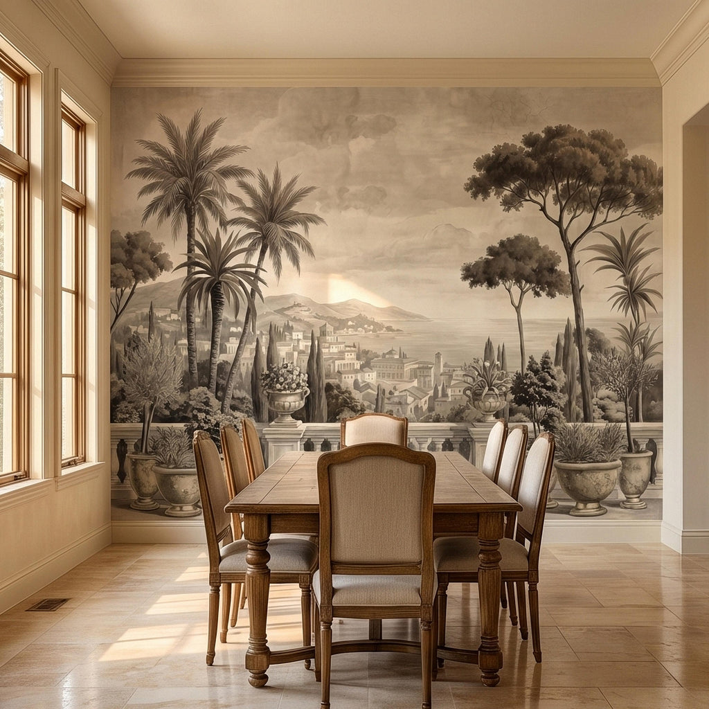 Vintage Mediterranean Coastal Villa View Peel and Stick Wall Mural, Sepia Palm Trees Terrace Balcony Italian Riviera Landscape Wallpaper