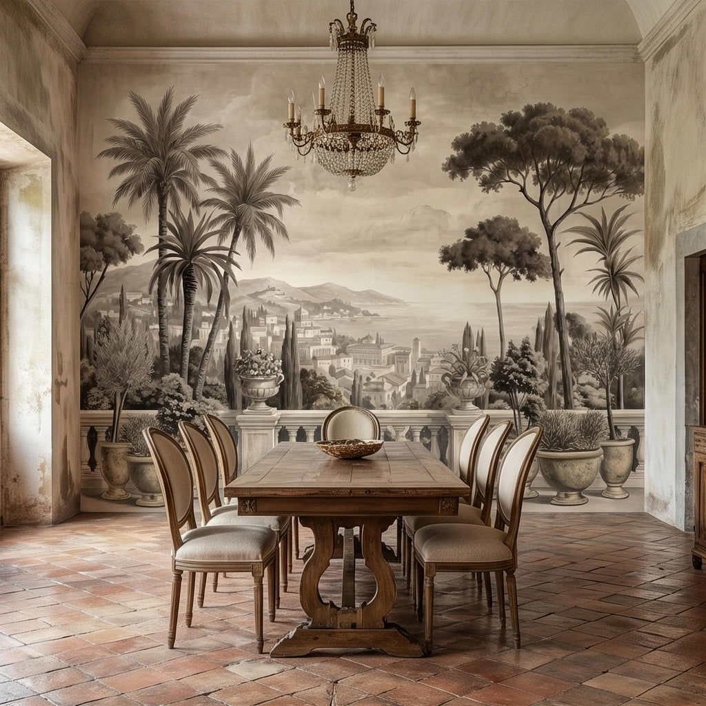 Vintage Mediterranean Coastal Villa View Peel and Stick Wall Mural, Sepia Palm Trees Terrace Balcony Italian Riviera Landscape Wallpaper