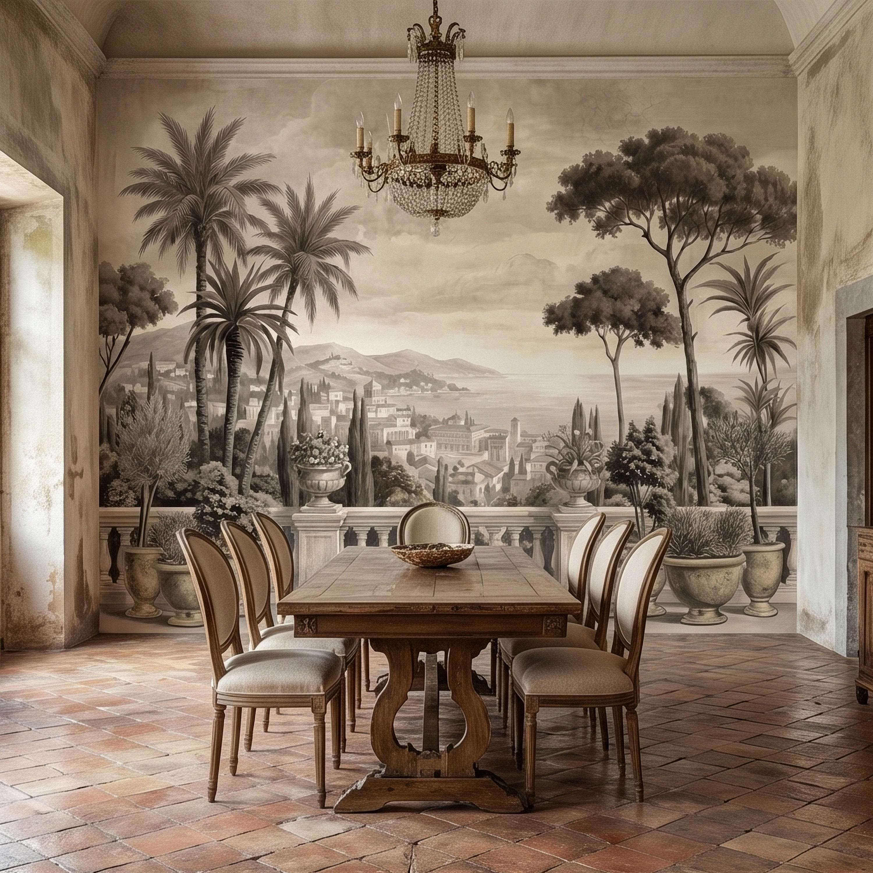 Vintage Mediterranean Coastal Villa View Peel and Stick Wall Mural, Sepia Palm Trees Terrace Balcony Italian Riviera Landscape Wallpaper