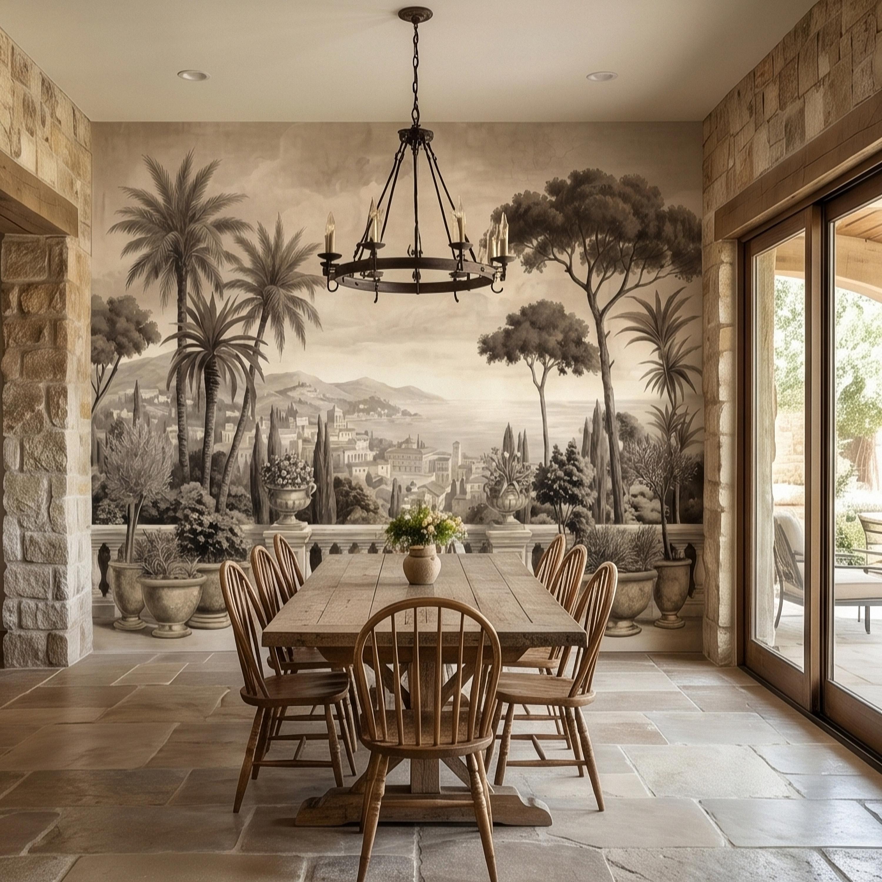 Vintage Mediterranean Coastal Villa View Peel and Stick Wall Mural, Sepia Palm Trees Terrace Balcony Italian Riviera Landscape Wallpaper