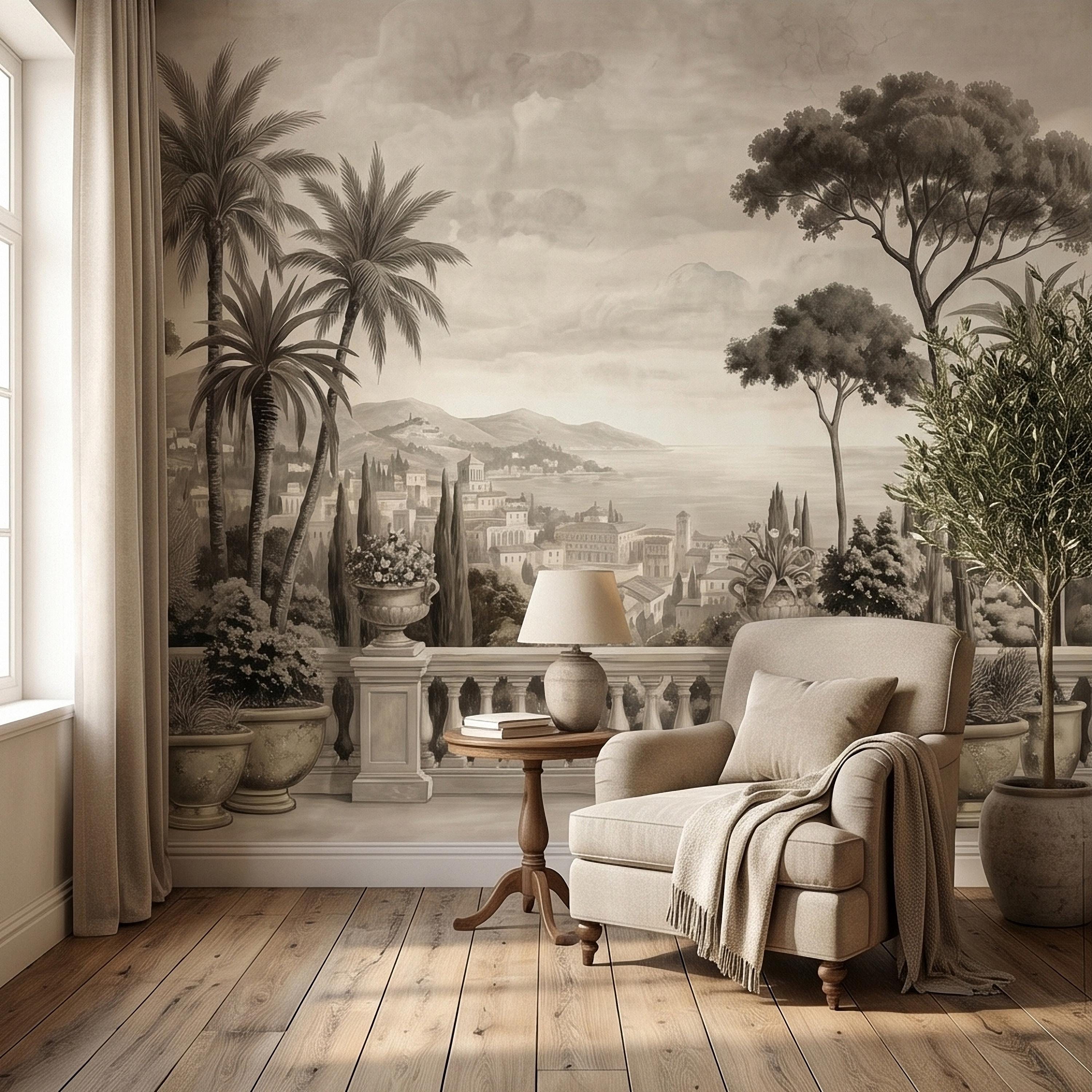 Vintage Mediterranean Coastal Villa View Peel and Stick Wall Mural, Sepia Palm Trees Terrace Balcony Italian Riviera Landscape Wallpaper