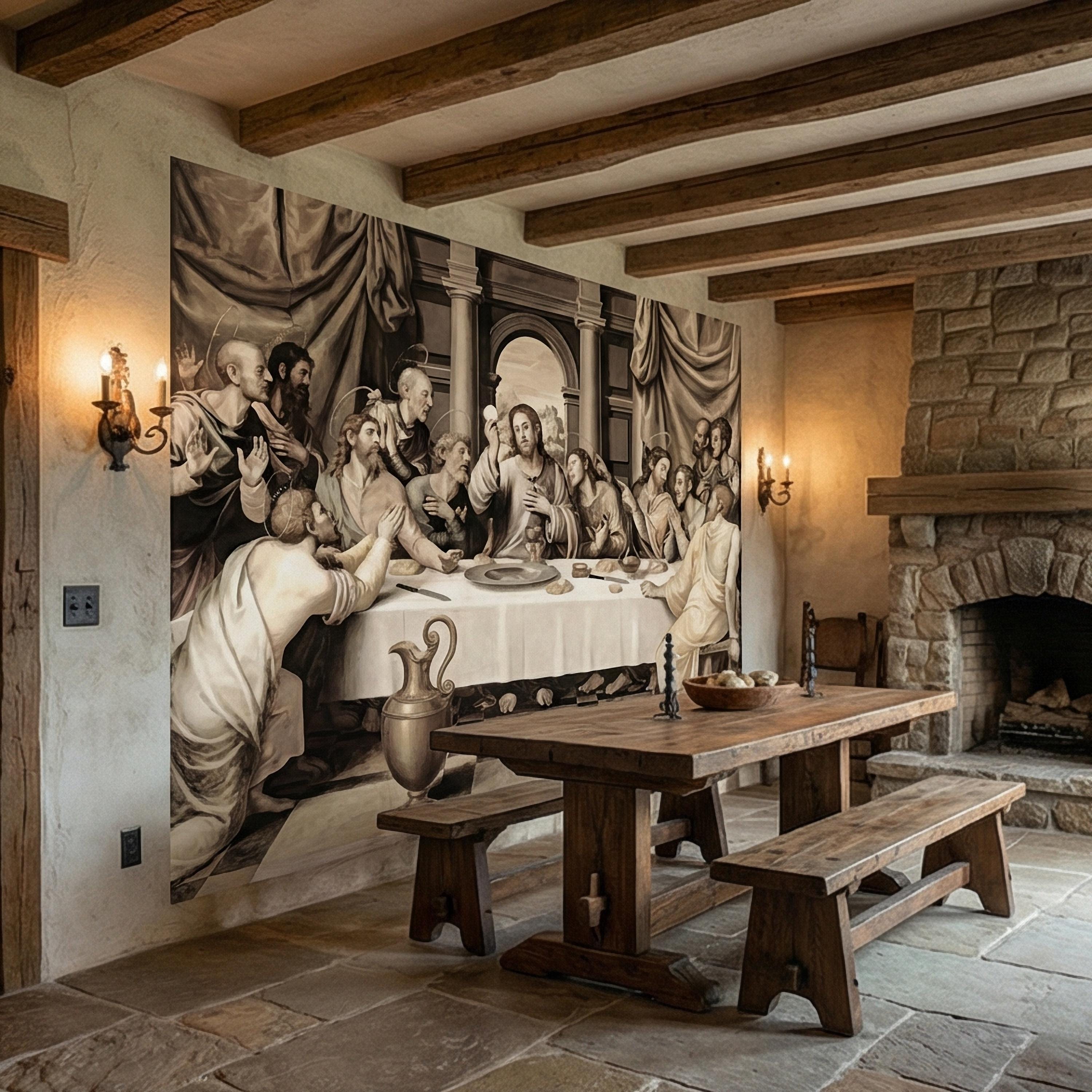 Last Supper Peel and Stick Wall Mural, Antique Religious Painting, Neutral Renaissance Christian Biblical Wallpaper