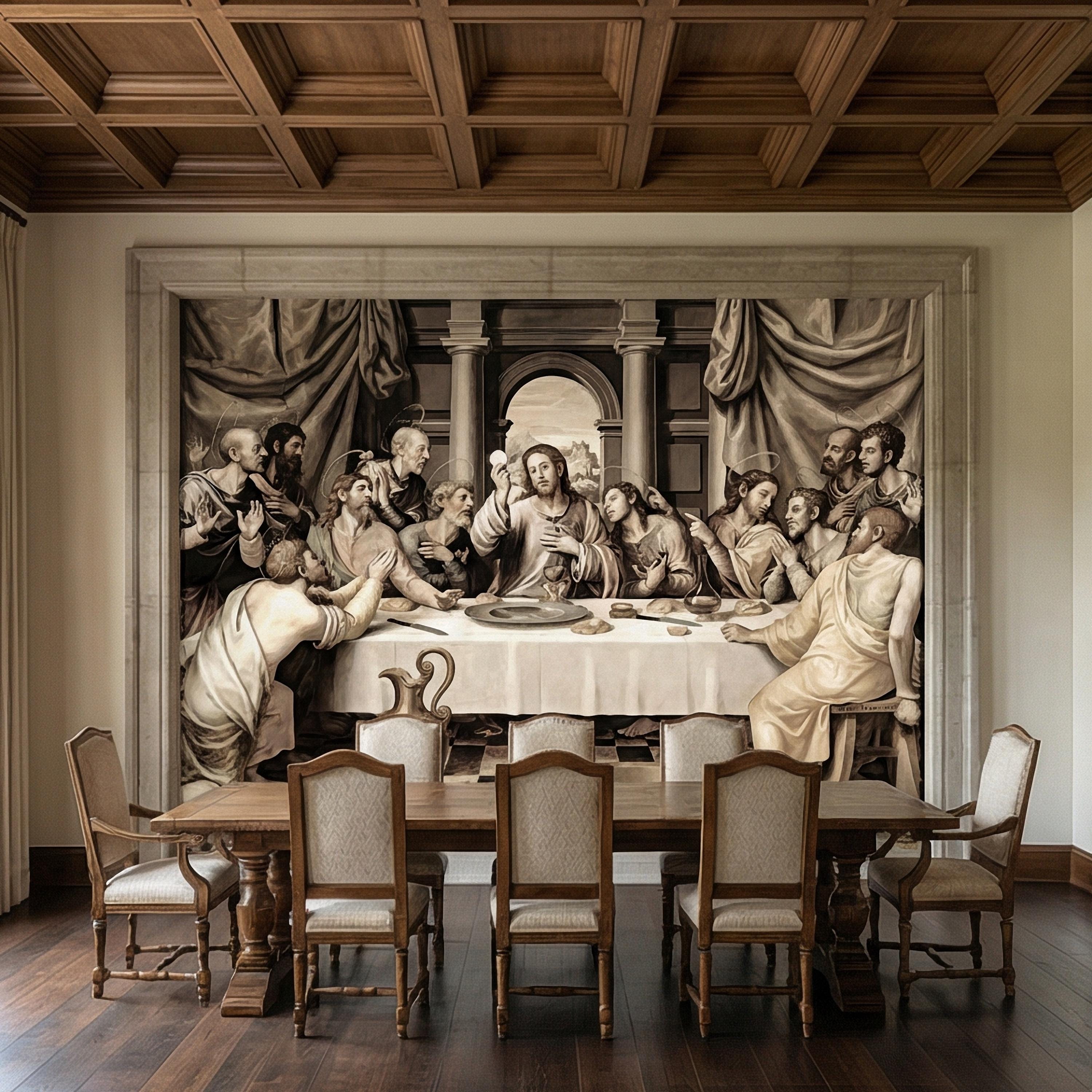 Last Supper Peel and Stick Wall Mural, Antique Religious Painting, Neutral Renaissance Christian Biblical Wallpaper