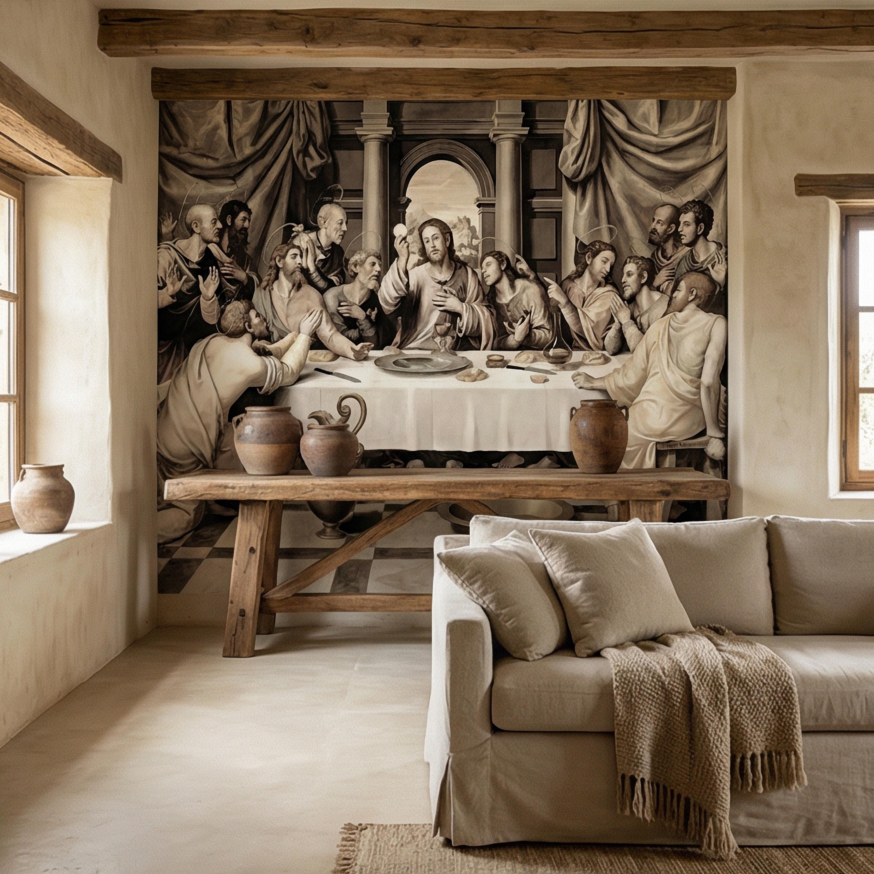 Last Supper Peel and Stick Wall Mural, Antique Religious Painting, Neutral Renaissance Christian Biblical Wallpaper