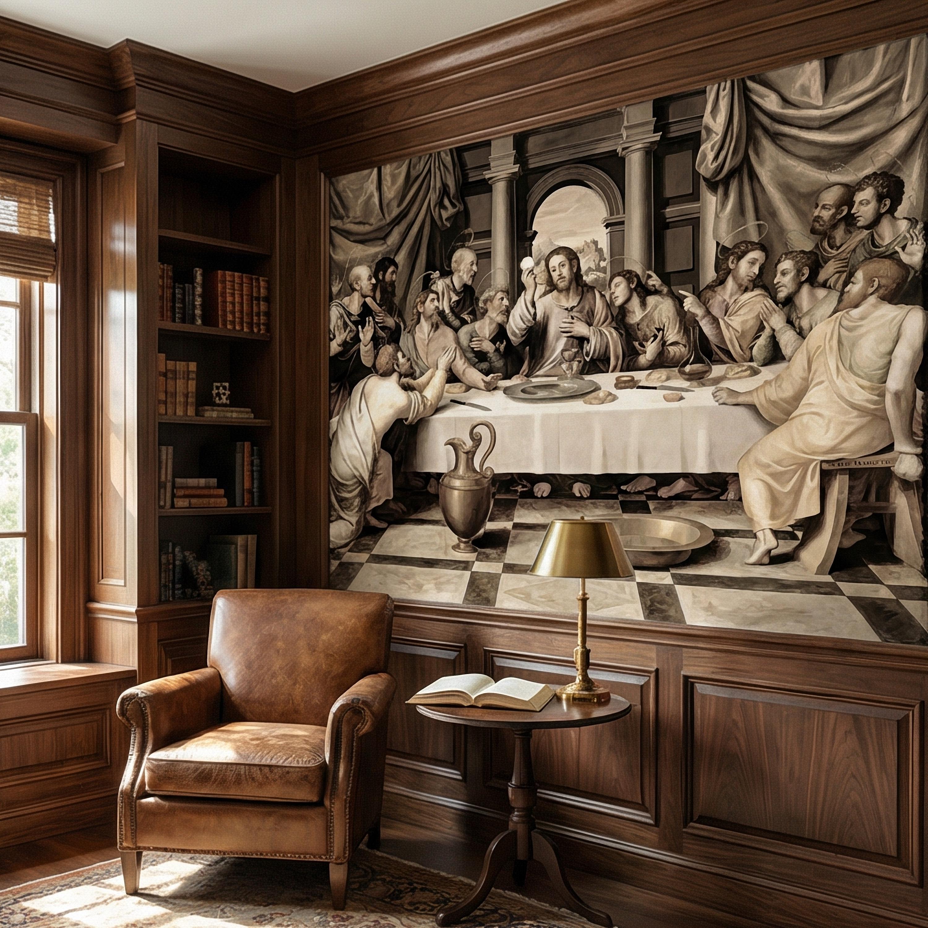 Last Supper Peel and Stick Wall Mural, Antique Religious Painting, Neutral Renaissance Christian Biblical Wallpaper