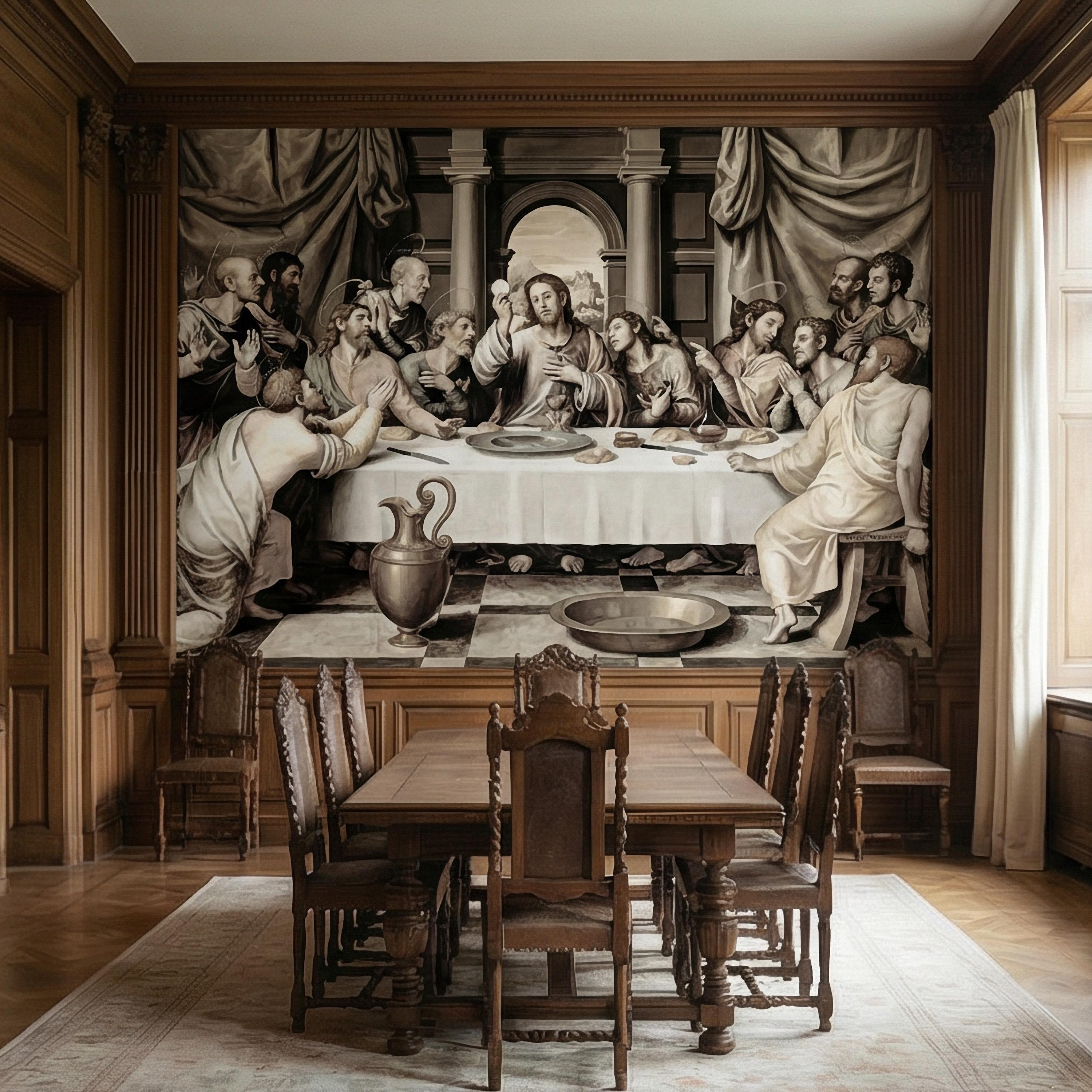 Last Supper Peel and Stick Wall Mural, Antique Religious Painting, Neutral Renaissance Christian Biblical Wallpaper