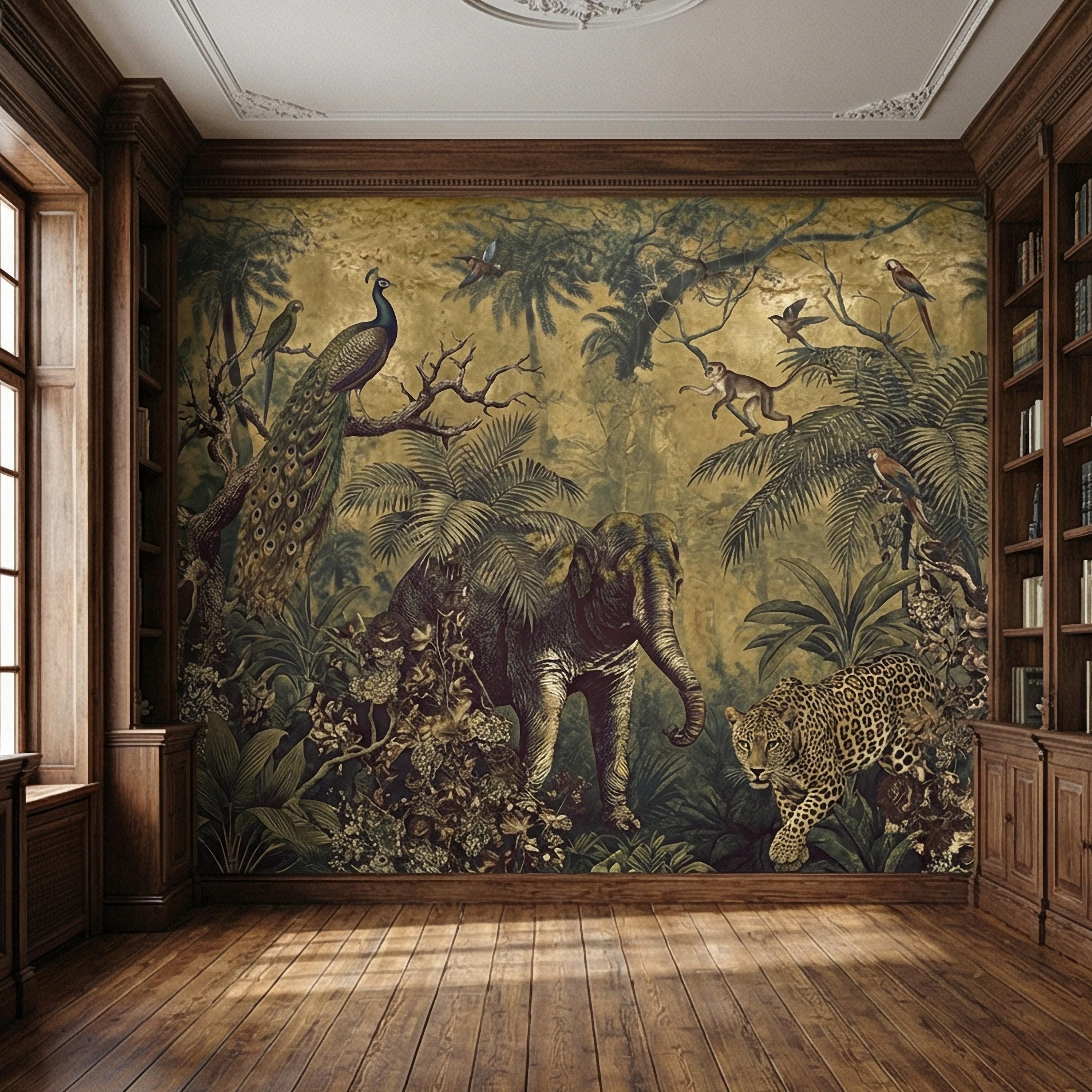 Vintage Safari Peel and Stick Wall Mural, Peacock Elephant Leopard Jungle, Antique Exotic Wildlife Botanical Wallpaper