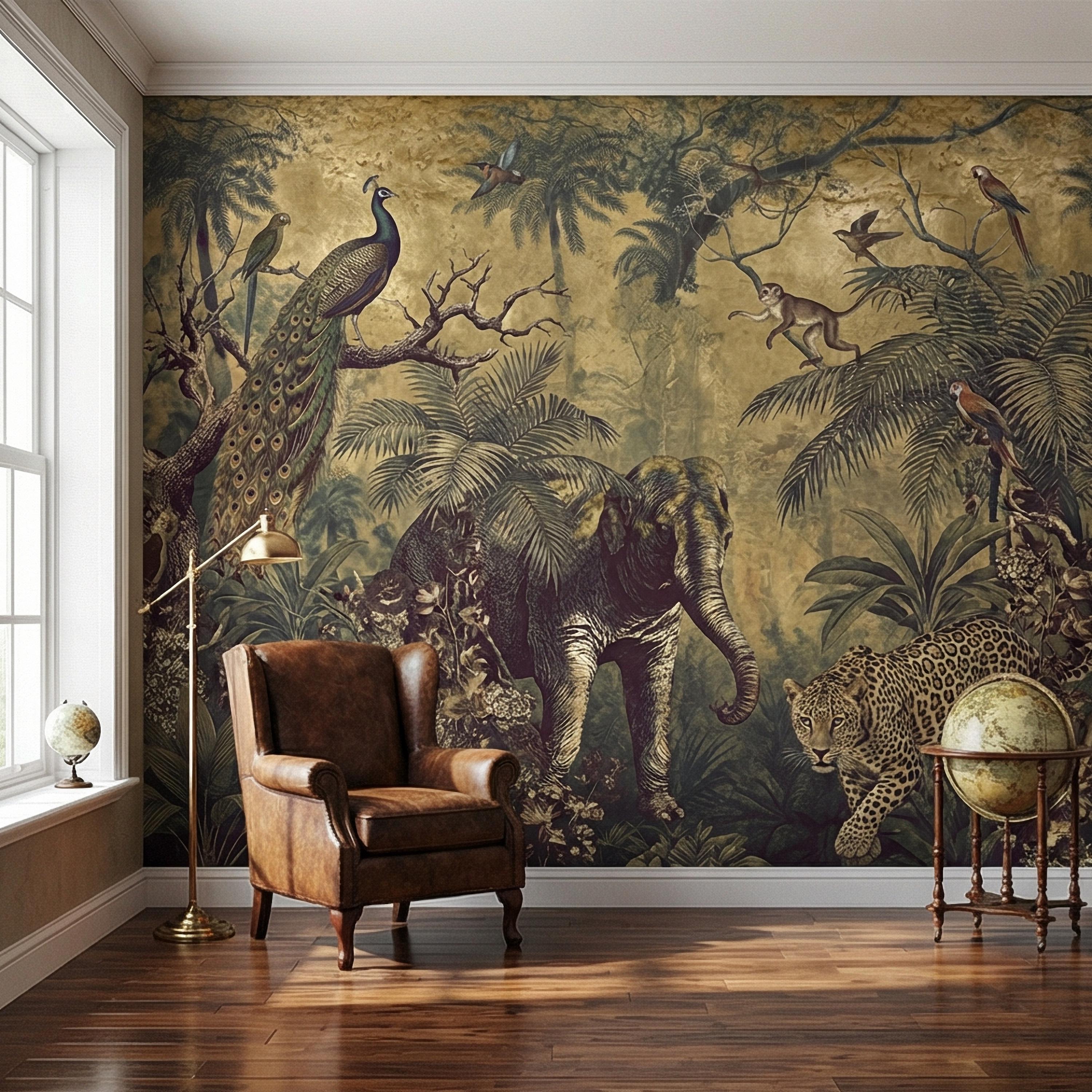 Vintage Safari Peel and Stick Wall Mural, Peacock Elephant Leopard Jungle, Antique Exotic Wildlife Botanical Wallpaper