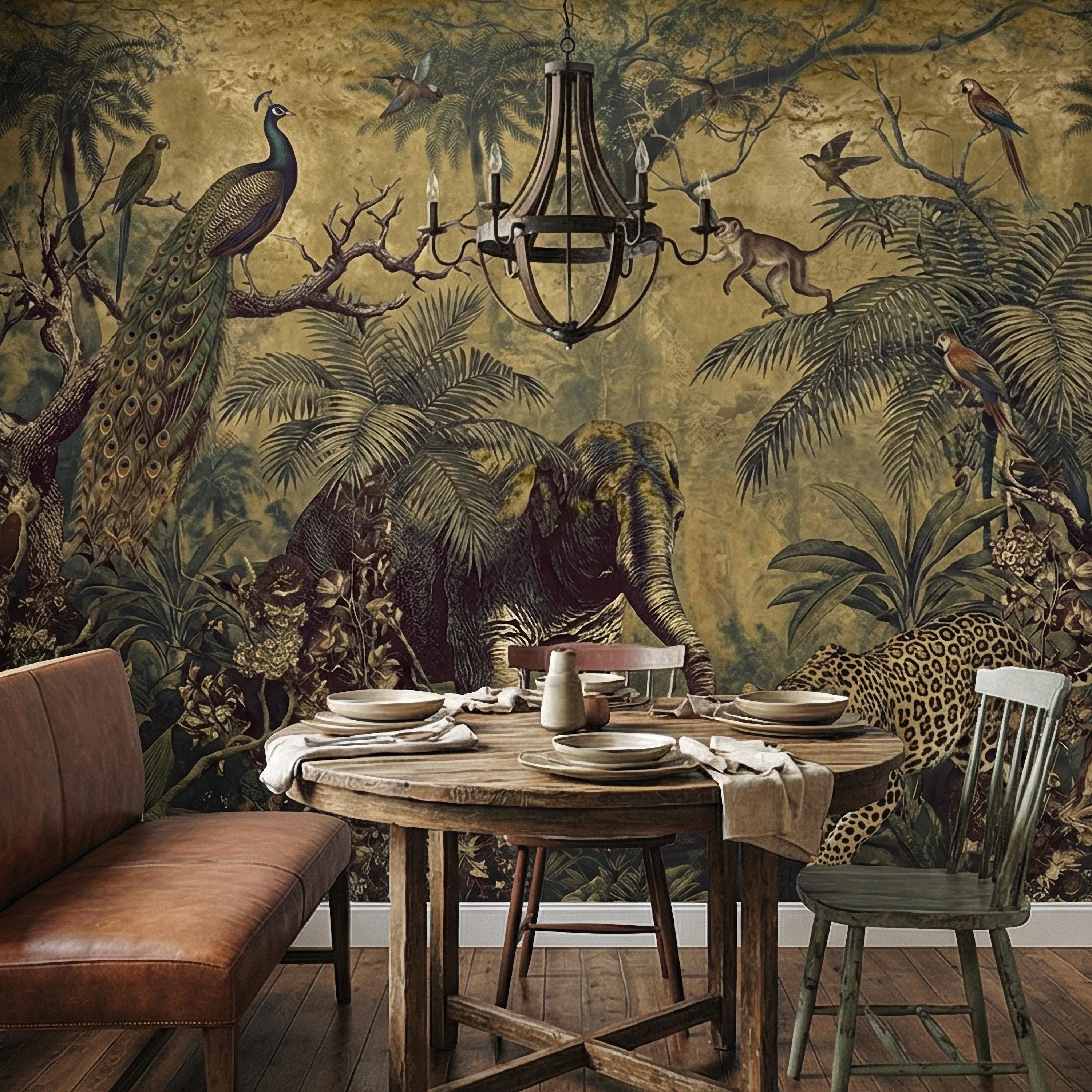 Vintage Safari Peel and Stick Wall Mural, Peacock Elephant Leopard Jungle, Antique Exotic Wildlife Botanical Wallpaper