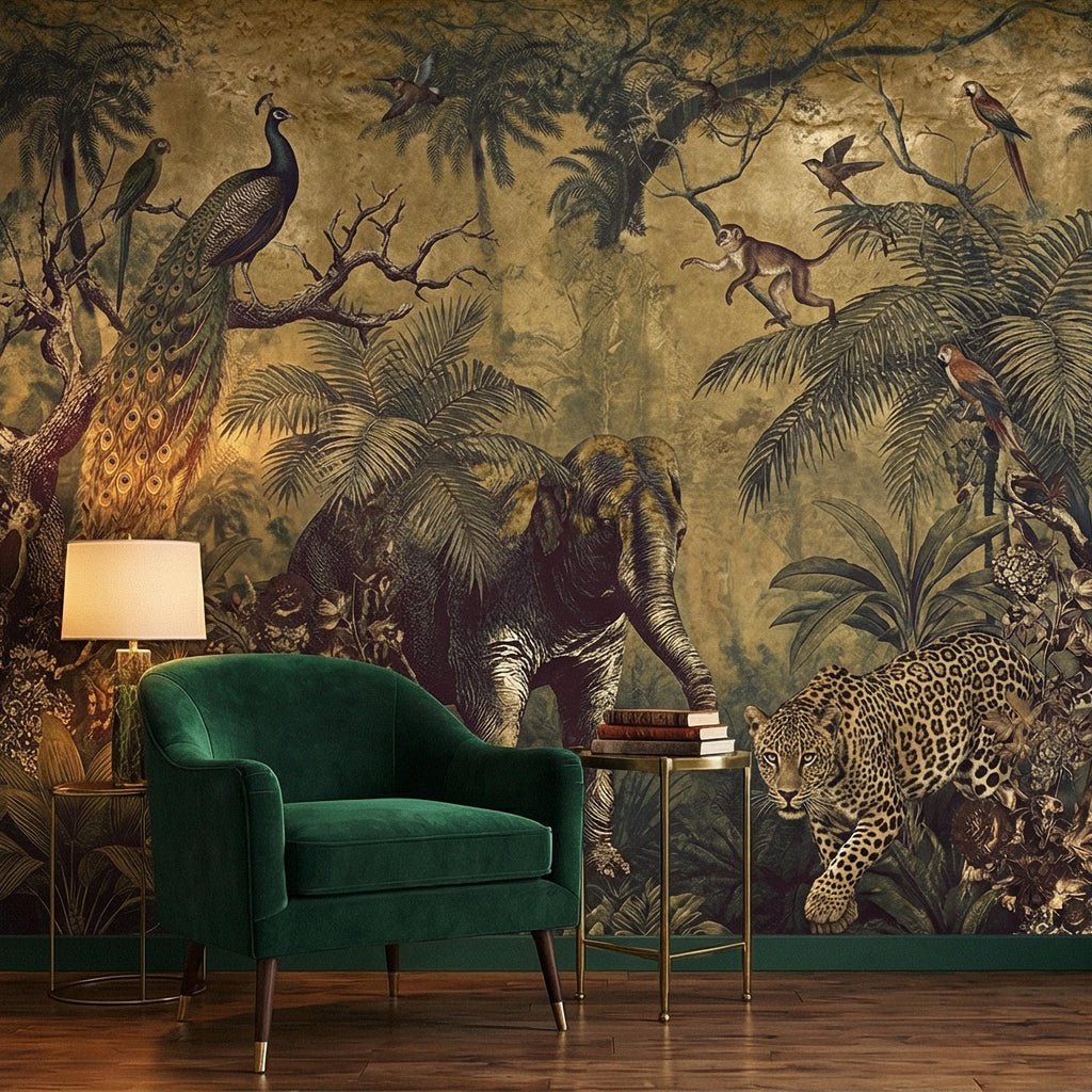 Vintage Safari Peel and Stick Wall Mural, Peacock Elephant Leopard Jungle, Antique Exotic Wildlife Botanical Wallpaper