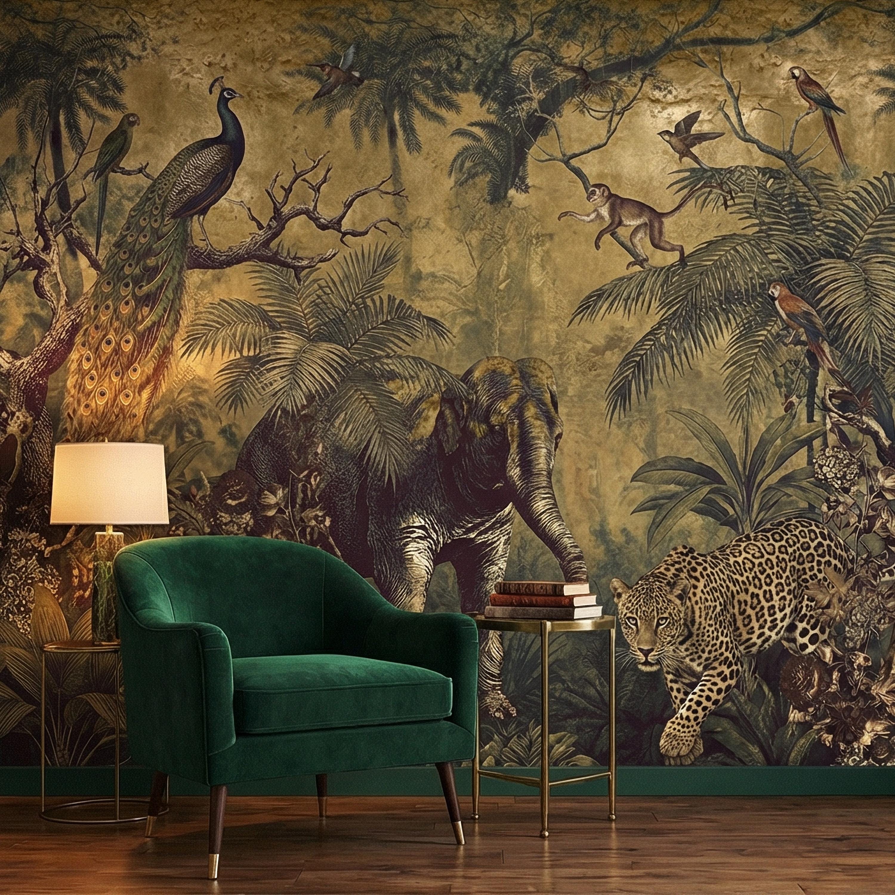 Vintage Safari Peel and Stick Wall Mural, Peacock Elephant Leopard Jungle, Antique Exotic Wildlife Botanical Wallpaper