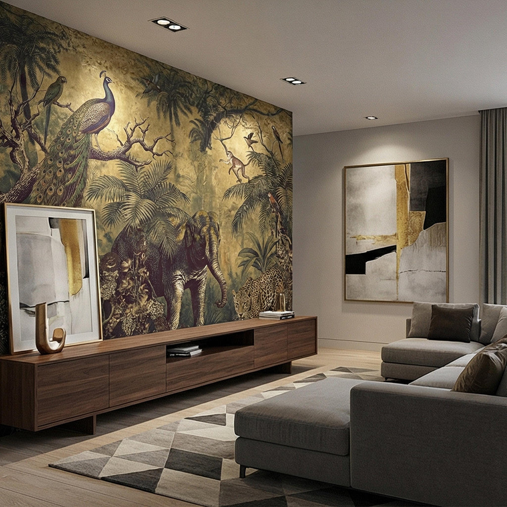 Vintage Safari Peel and Stick Wall Mural, Peacock Elephant Leopard Jungle, Antique Exotic Wildlife Botanical Wallpaper