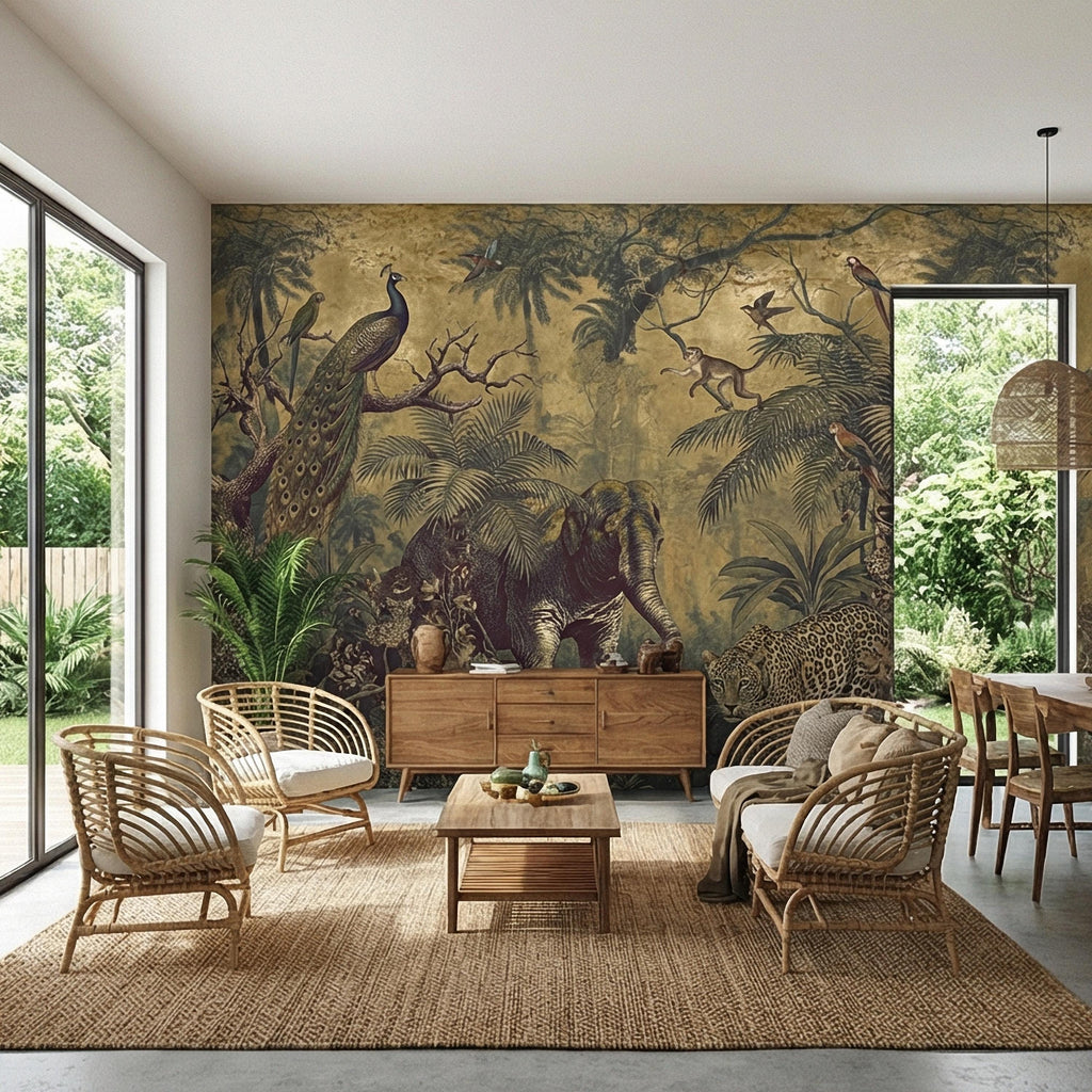 Vintage Safari Peel and Stick Wall Mural, Peacock Elephant Leopard Jungle, Antique Exotic Wildlife Botanical Wallpaper