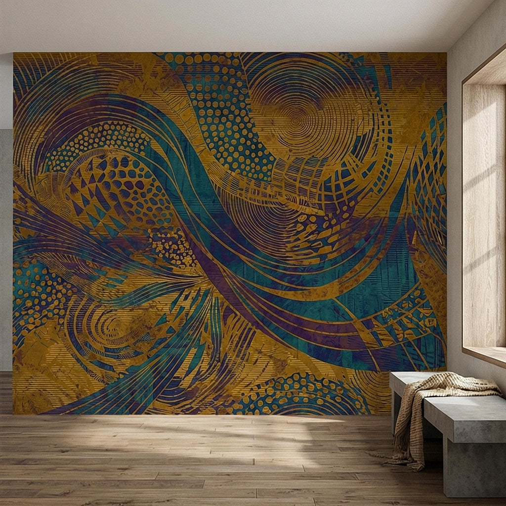 Abstract Composition Peel and Stick Wall Mural, Bold Swirl Pattern, Modern Blue Ochre Statement Wallpaper