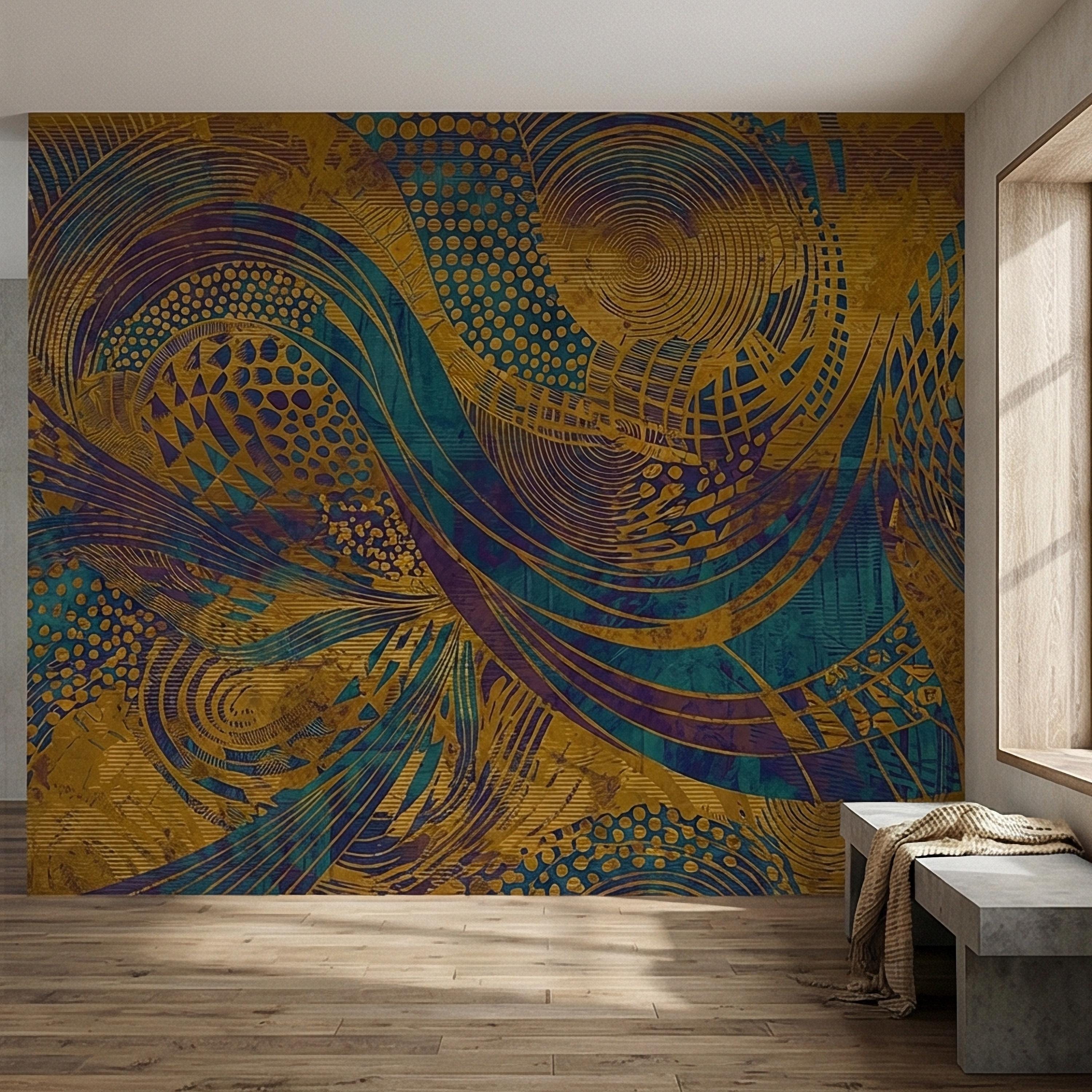 Abstract Composition Peel and Stick Wall Mural, Bold Swirl Pattern, Modern Blue Ochre Statement Wallpaper