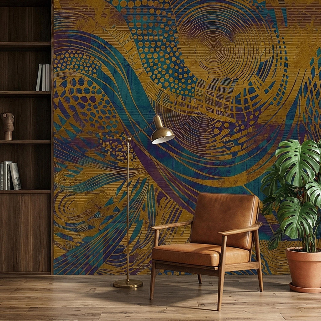 Abstract Composition Peel and Stick Wall Mural, Bold Swirl Pattern, Modern Blue Ochre Statement Wallpaper