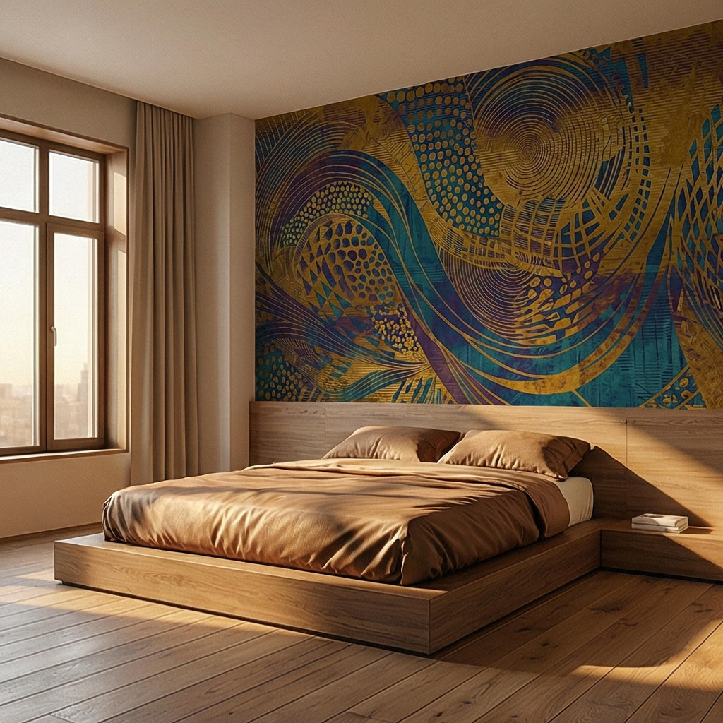Abstract Composition Peel and Stick Wall Mural, Bold Swirl Pattern, Modern Blue Ochre Statement Wallpaper