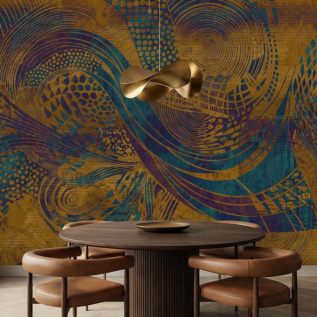 Abstract Composition Peel and Stick Wall Mural, Bold Swirl Pattern, Modern Blue Ochre Statement Wallpaper