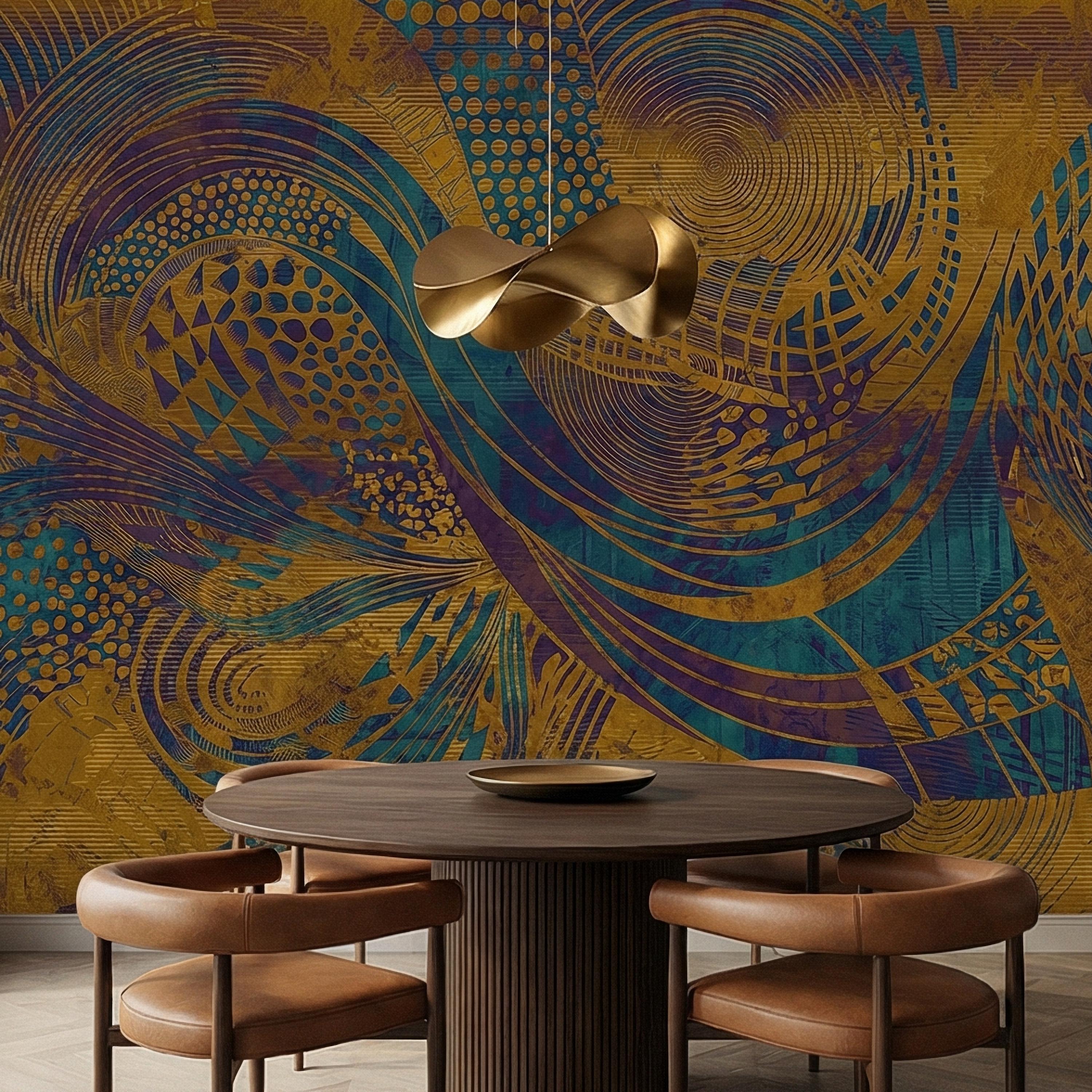 Abstract Composition Peel and Stick Wall Mural, Bold Swirl Pattern, Modern Blue Ochre Statement Wallpaper