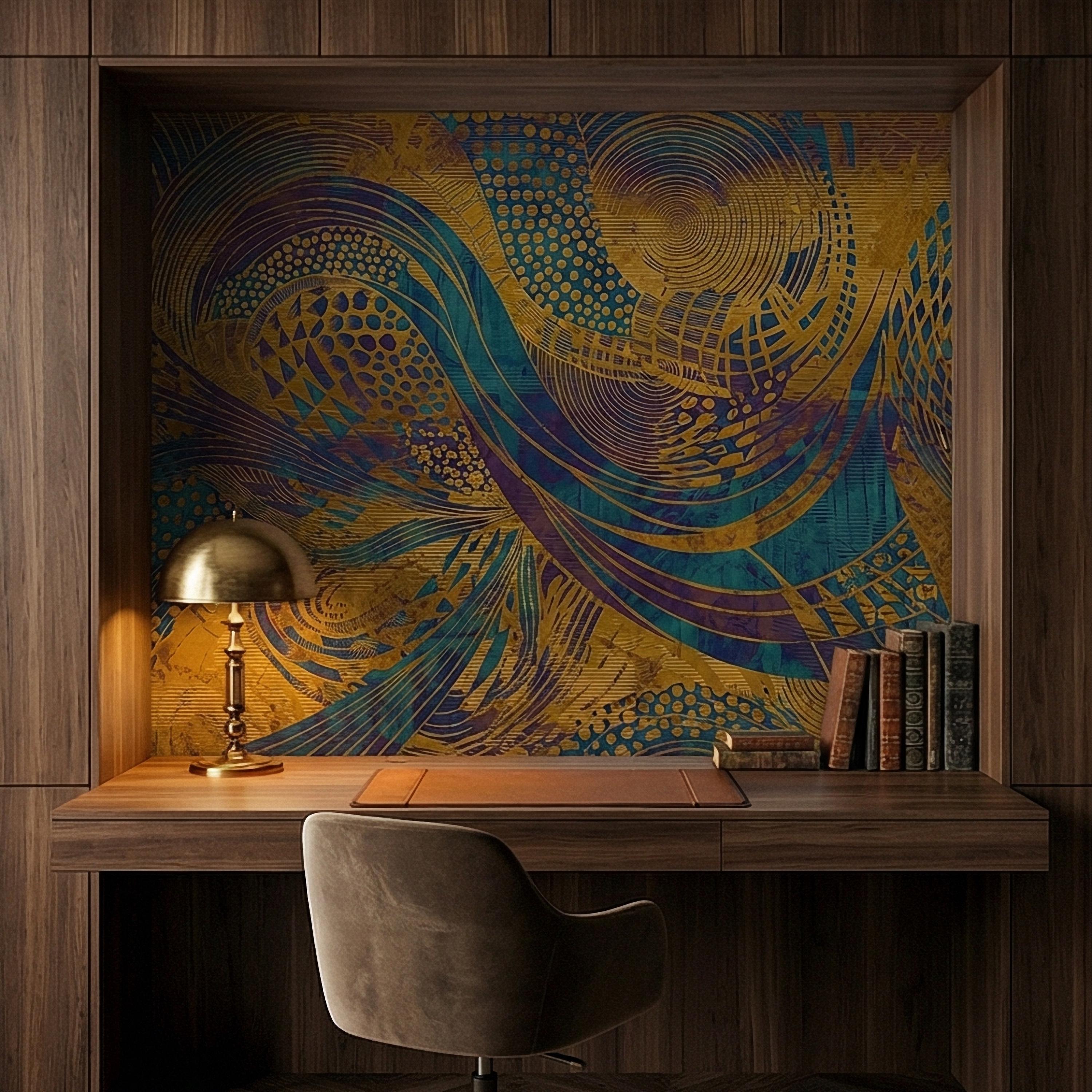 Abstract Composition Peel and Stick Wall Mural, Bold Swirl Pattern, Modern Blue Ochre Statement Wallpaper