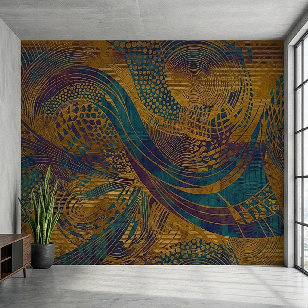 Abstract Composition Peel and Stick Wall Mural, Bold Swirl Pattern, Modern Blue Ochre Statement Wallpaper