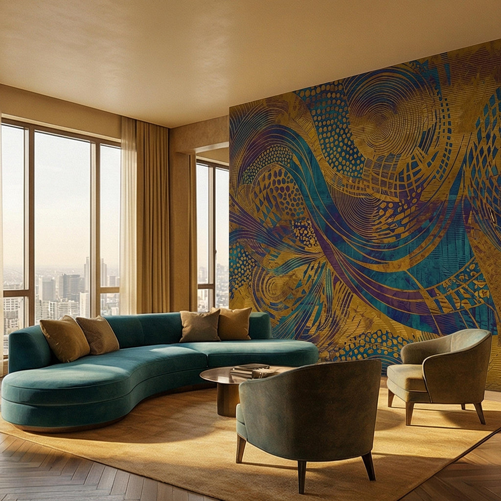 Abstract Composition Peel and Stick Wall Mural, Bold Swirl Pattern, Modern Blue Ochre Statement Wallpaper