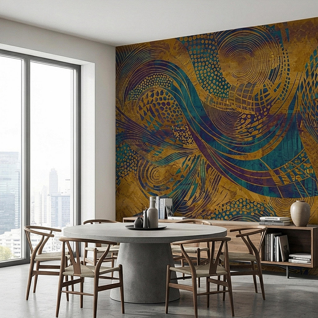 Abstract Composition Peel and Stick Wall Mural, Bold Swirl Pattern, Modern Blue Ochre Statement Wallpaper