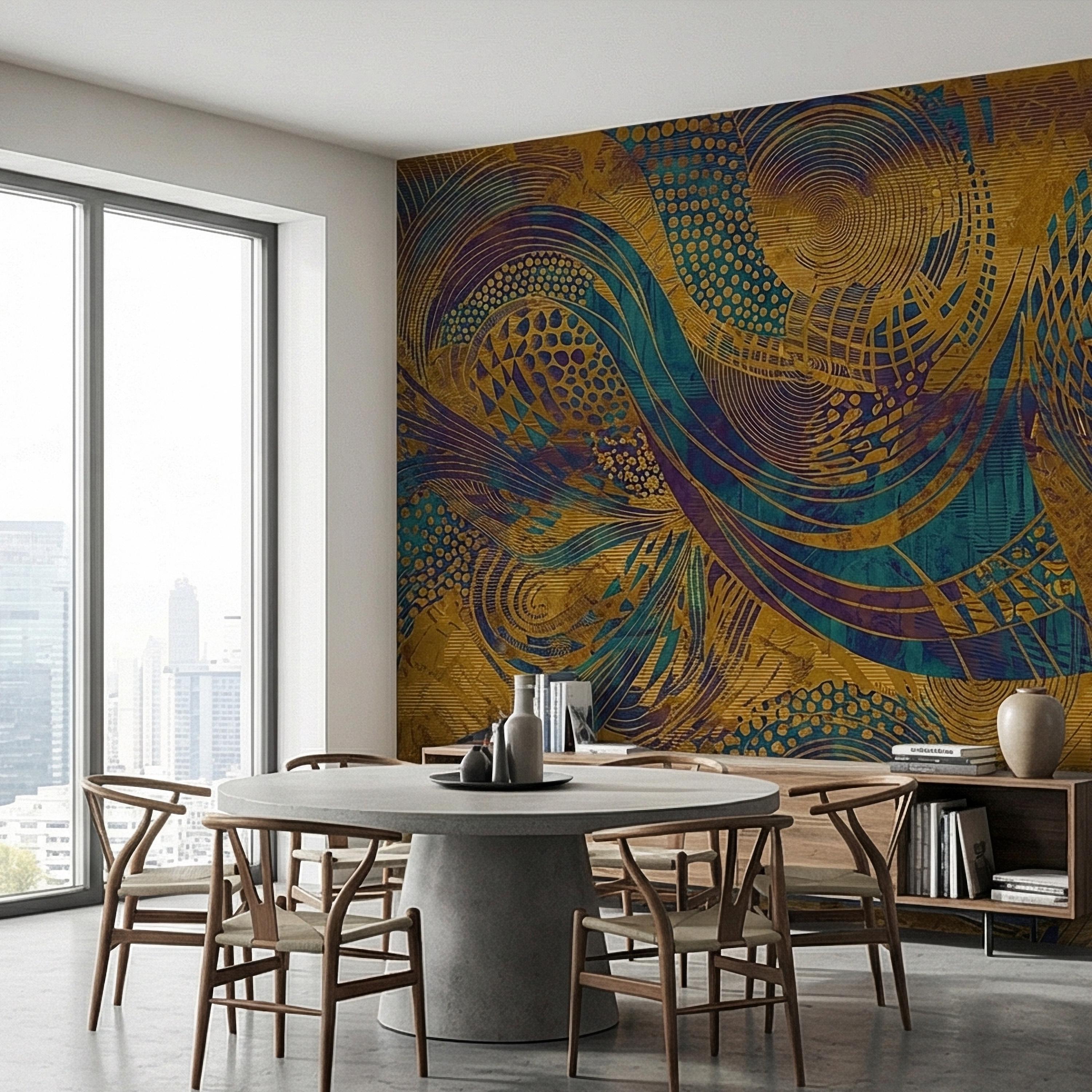 Abstract Composition Peel and Stick Wall Mural, Bold Swirl Pattern, Modern Blue Ochre Statement Wallpaper