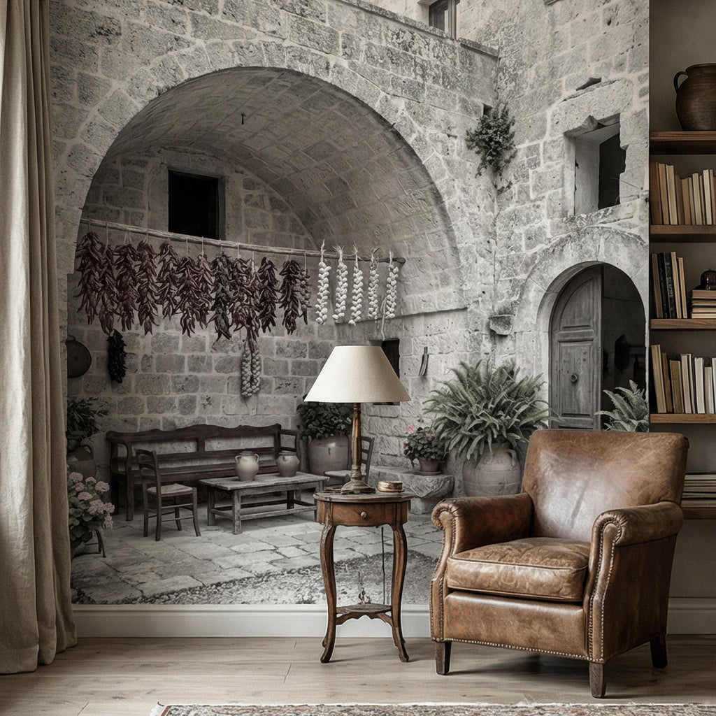 Italian Courtyard Peel and Stick Wall Mural, Rustic Stone Arch Village, Old World Mediterranean Alley, Vintage Italy Wallpaper