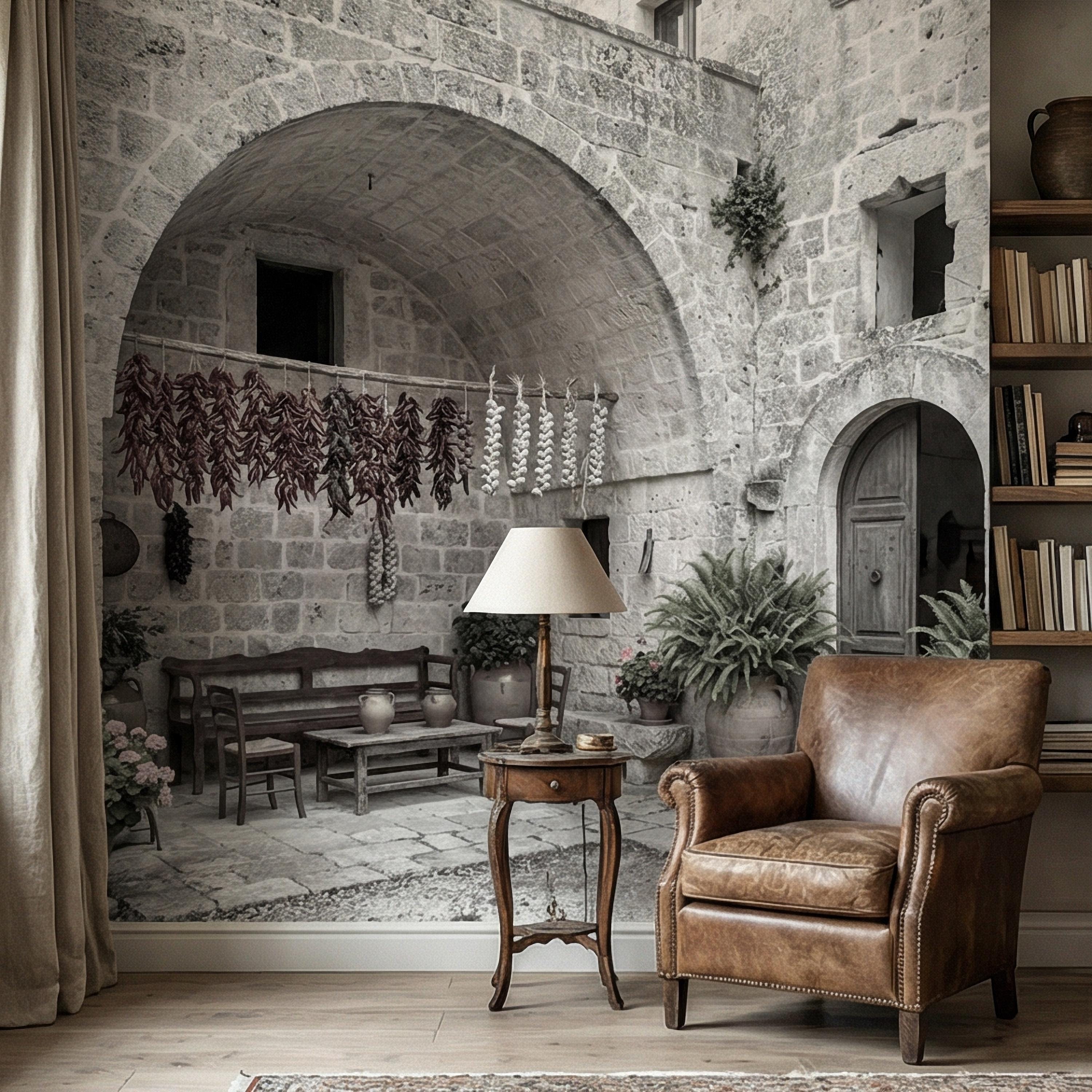 Italian Courtyard Peel and Stick Wall Mural, Rustic Stone Arch Village, Old World Mediterranean Alley, Vintage Italy Wallpaper