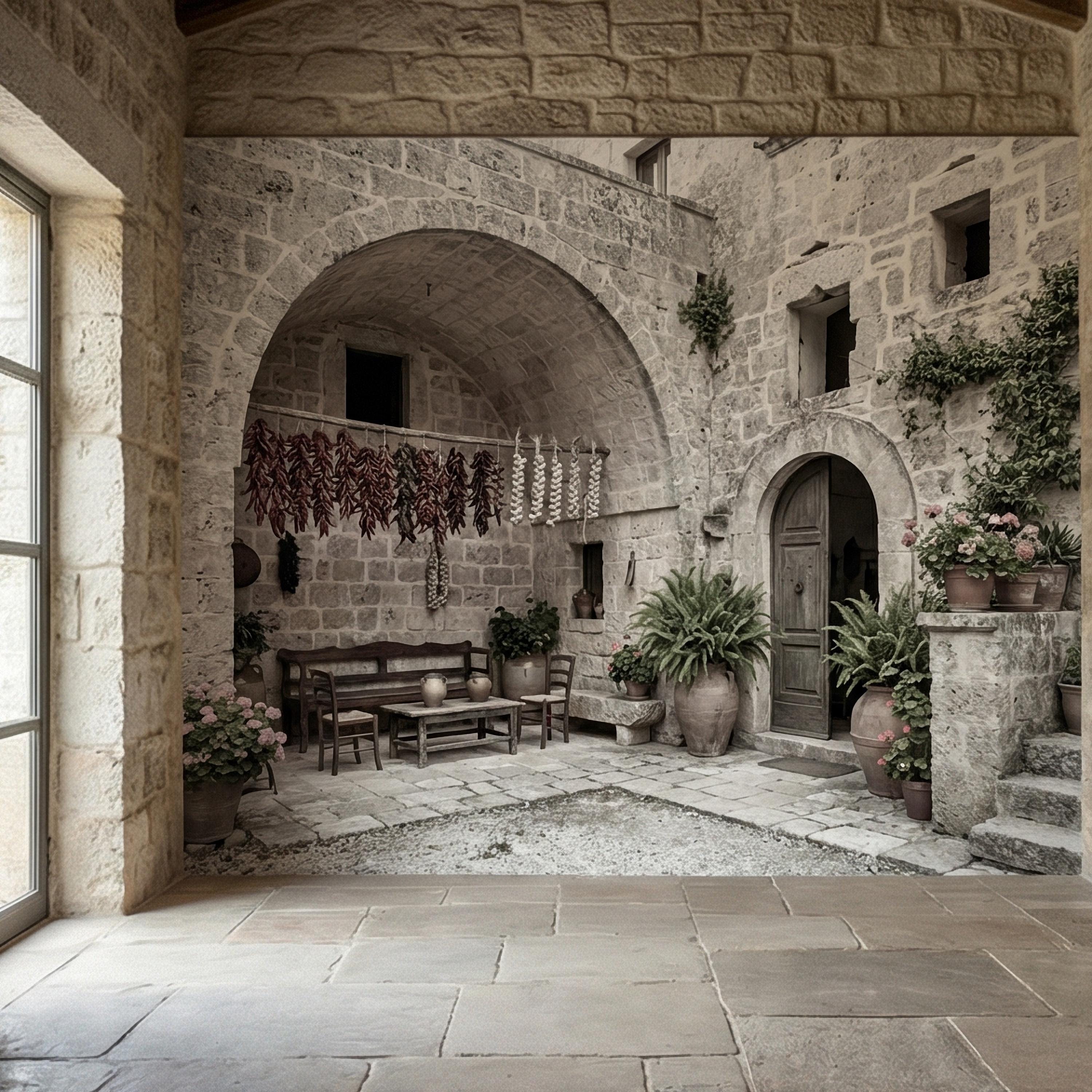 Italian Courtyard Peel and Stick Wall Mural, Rustic Stone Arch Village, Old World Mediterranean Alley, Vintage Italy Wallpaper