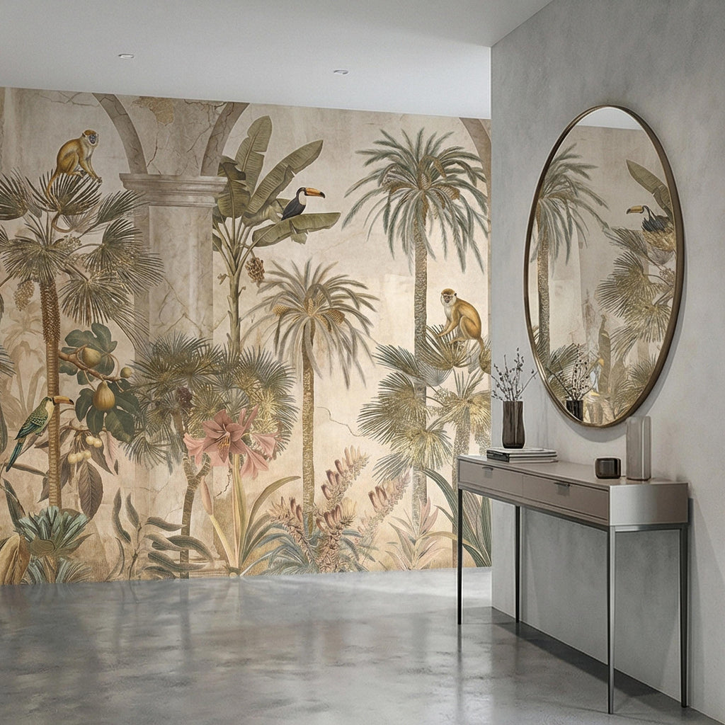 Tropical Jungle Peel and Stick Wall Mural, Vintage Palm Tree Monkeys and Toucans, Arched Fresco Style Wallpaper