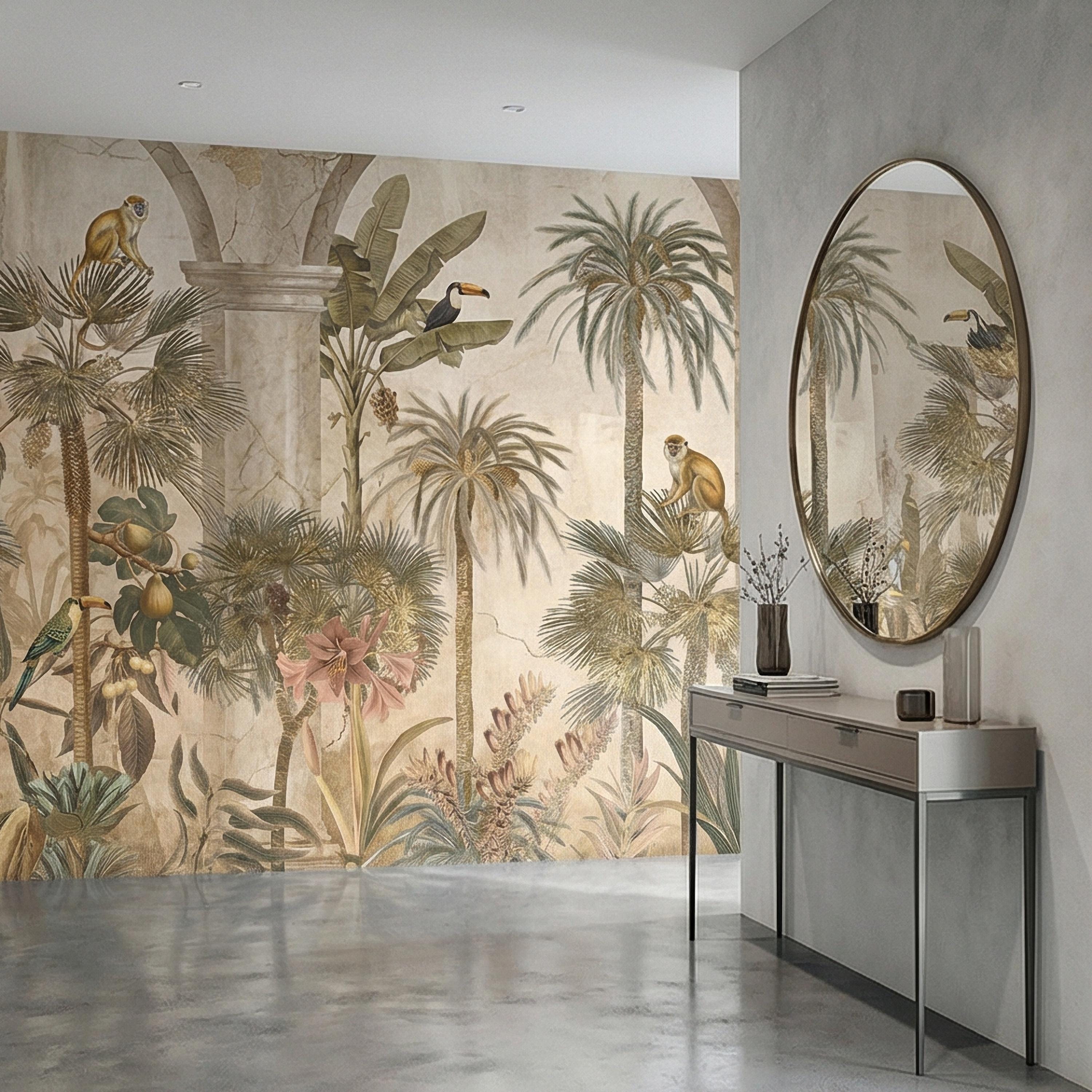 Tropical Jungle Peel and Stick Wall Mural, Vintage Palm Tree Monkeys and Toucans, Arched Fresco Style Wallpaper