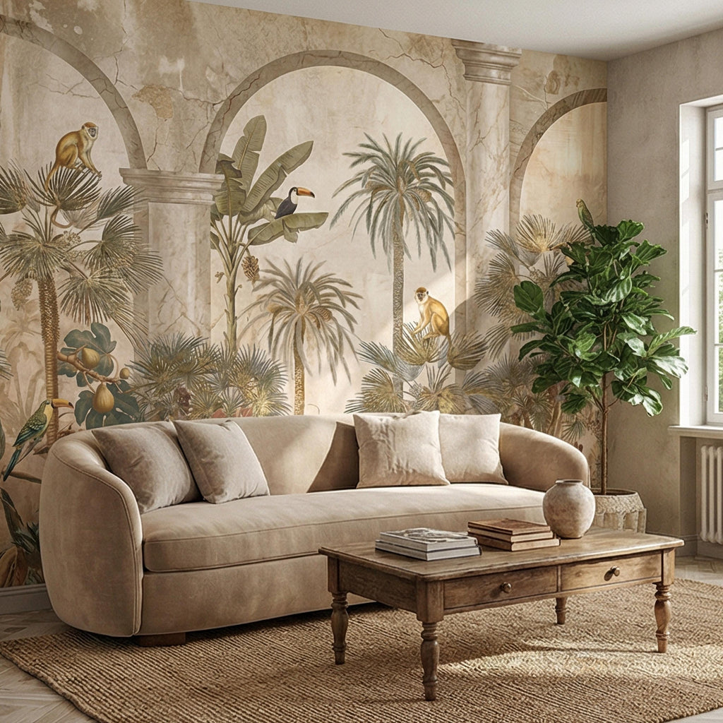 Tropical Jungle Peel and Stick Wall Mural, Vintage Palm Tree Monkeys and Toucans, Arched Fresco Style Wallpaper