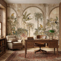 Tropical Jungle Peel and Stick Wall Mural, Vintage Palm Tree Monkeys and Toucans, Arched Fresco Style Wallpaper