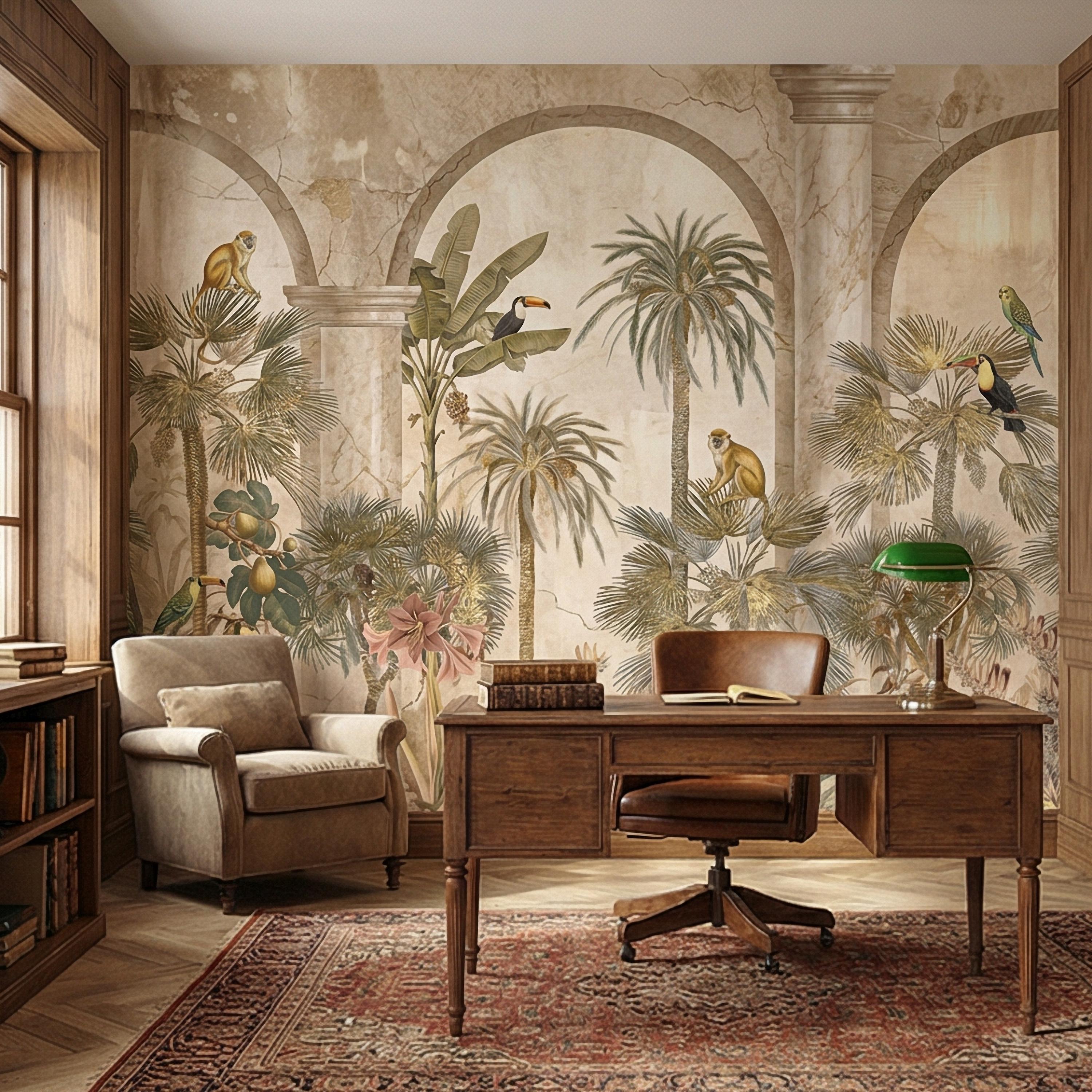 Tropical Jungle Peel and Stick Wall Mural, Vintage Palm Tree Monkeys and Toucans, Arched Fresco Style Wallpaper