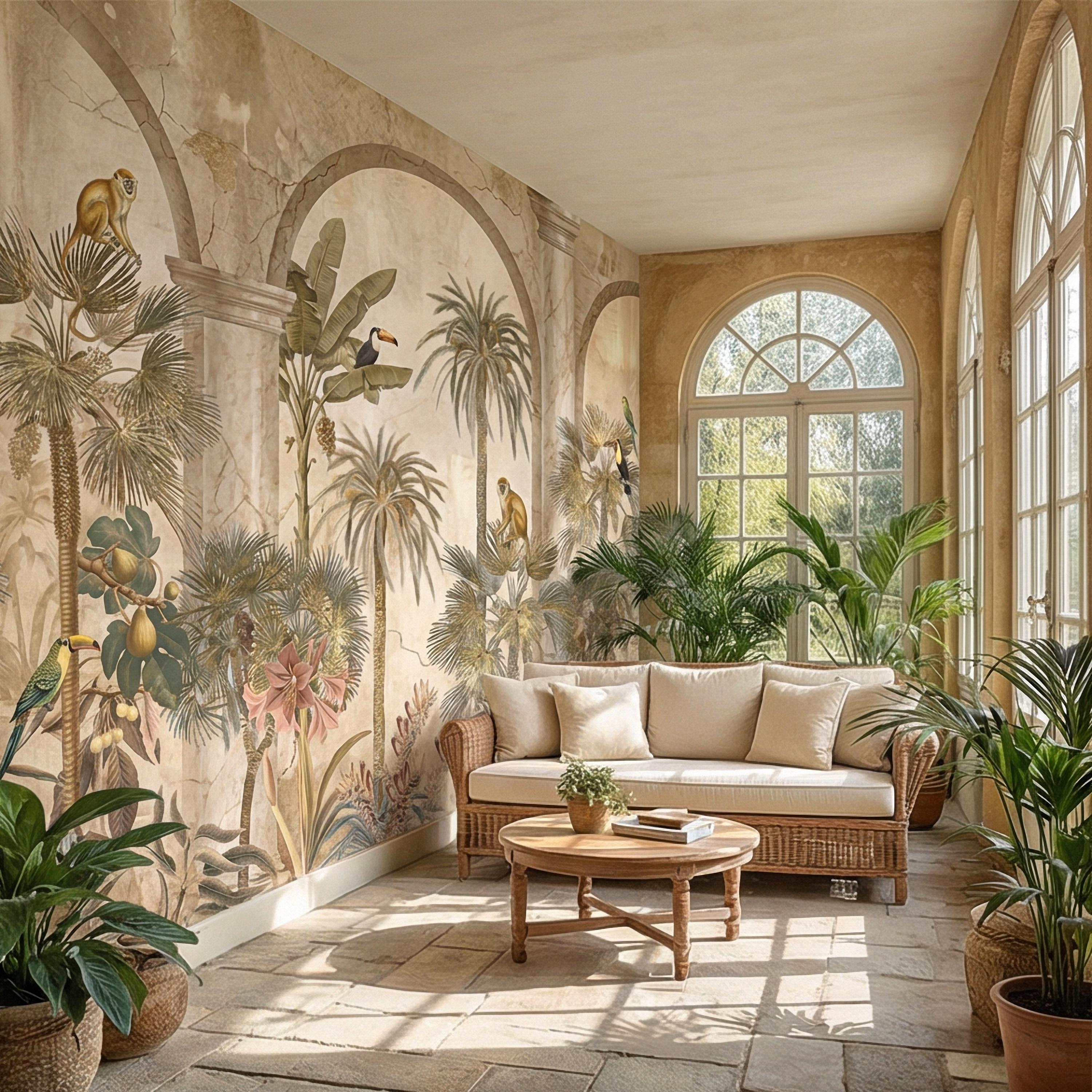 Tropical Jungle Peel and Stick Wall Mural, Vintage Palm Tree Monkeys and Toucans, Arched Fresco Style Wallpaper